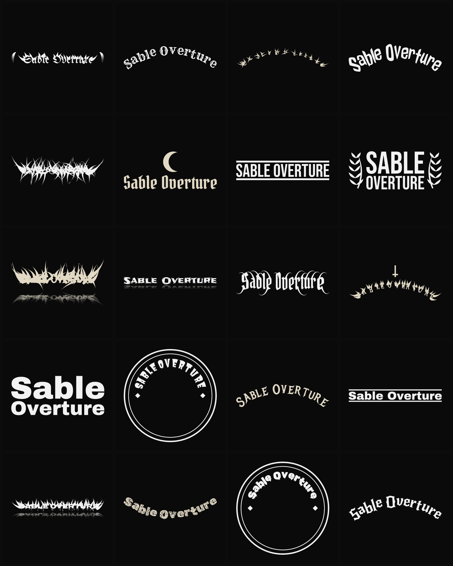 Twenty Sable Overture band logo ideas — different faces, treatments and spike settings