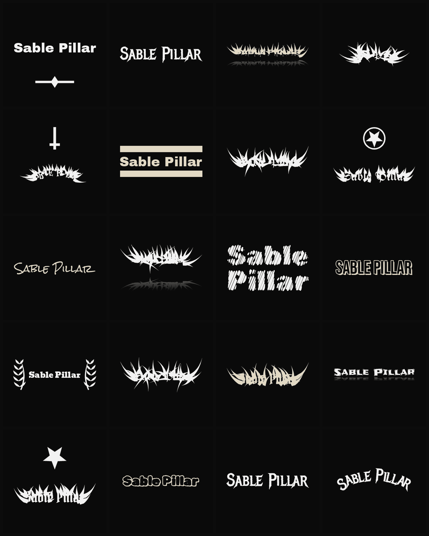 Twenty Sable Pillar band logo ideas — different faces, treatments and spike settings