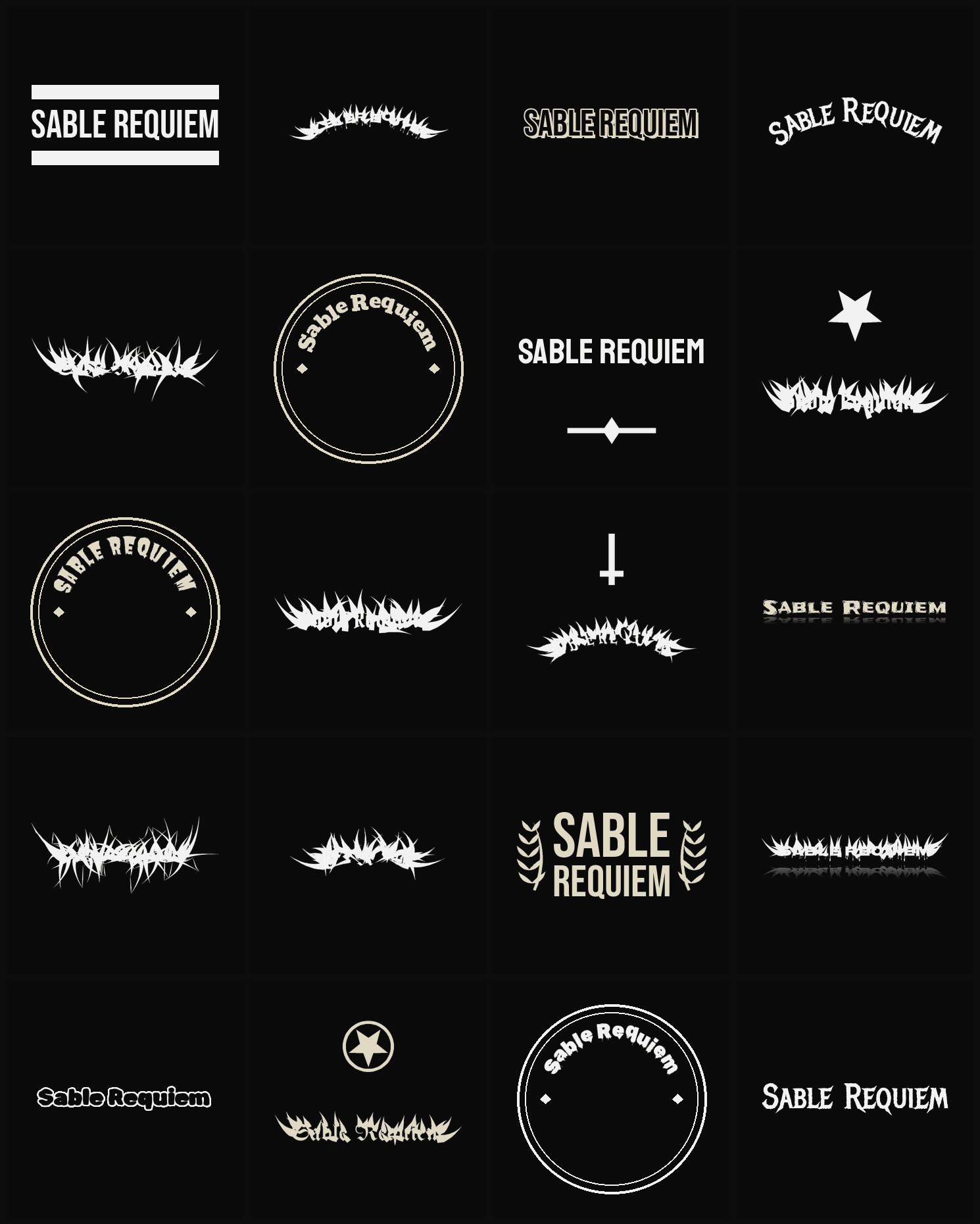 Twenty Sable Requiem band logo ideas — different faces, treatments and spike settings