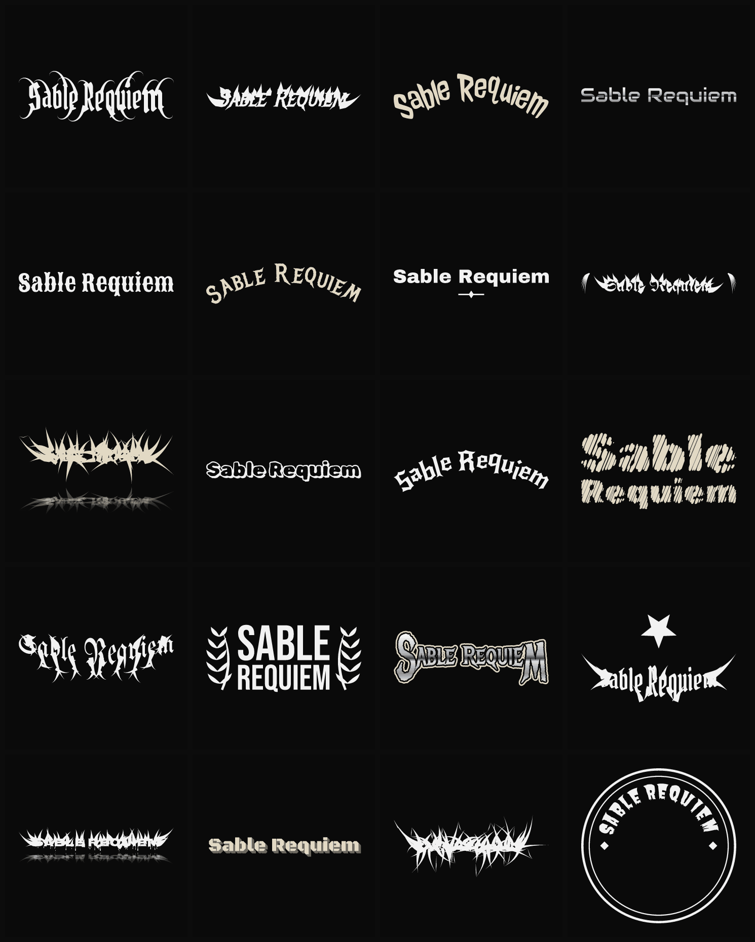 Twenty Sable Requiem band logo ideas — different faces, treatments and spike settings