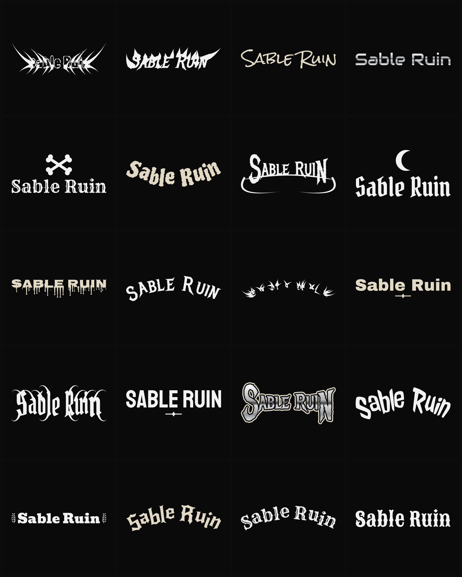 Twenty Sable Ruin band logo ideas — different faces, treatments and spike settings