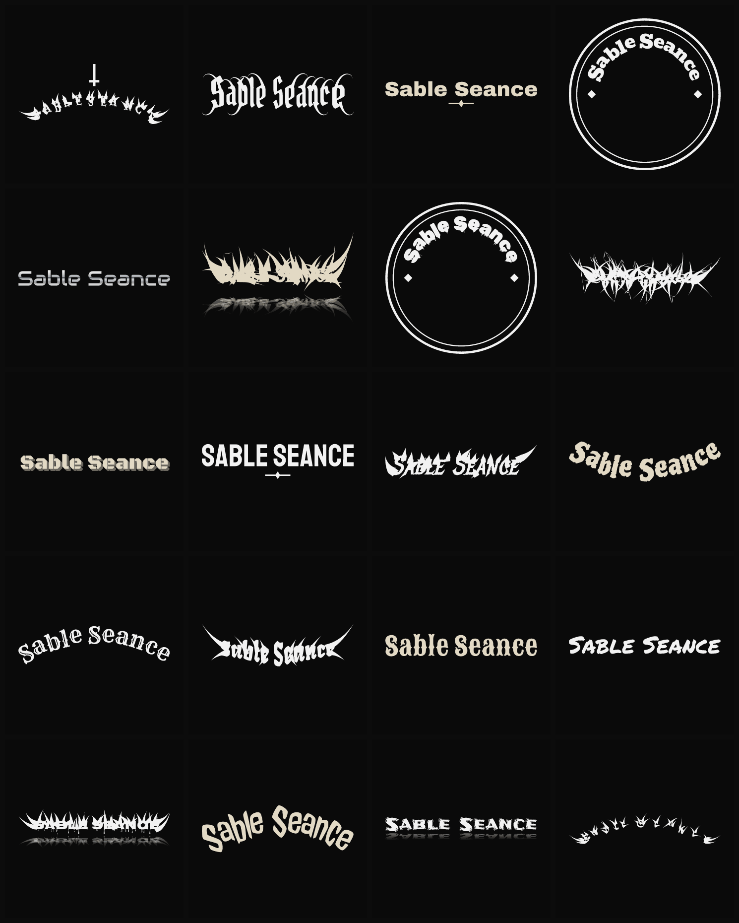 Twenty Sable Seance band logo ideas — different faces, treatments and spike settings