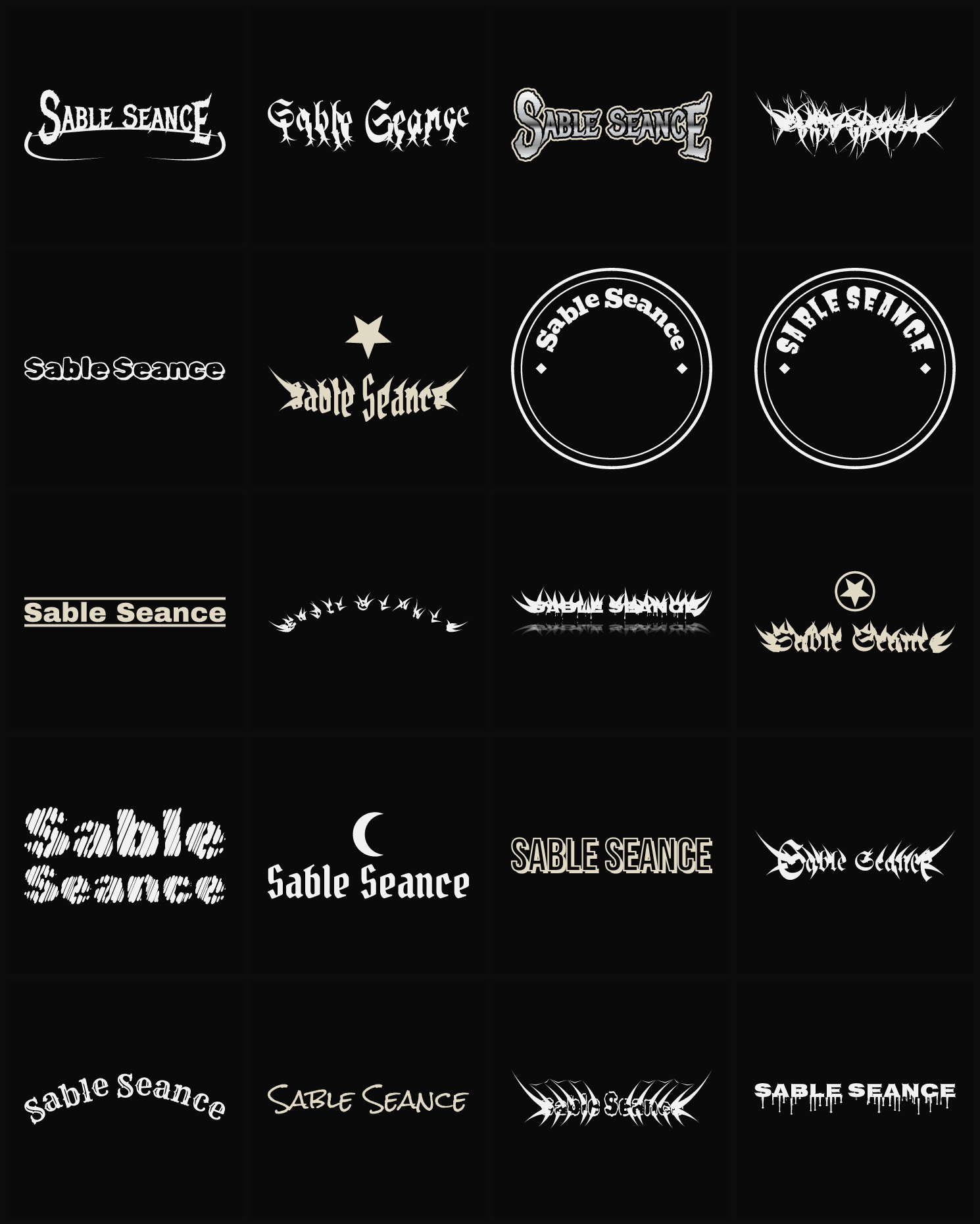 Twenty Sable Seance band logo ideas — different faces, treatments and spike settings