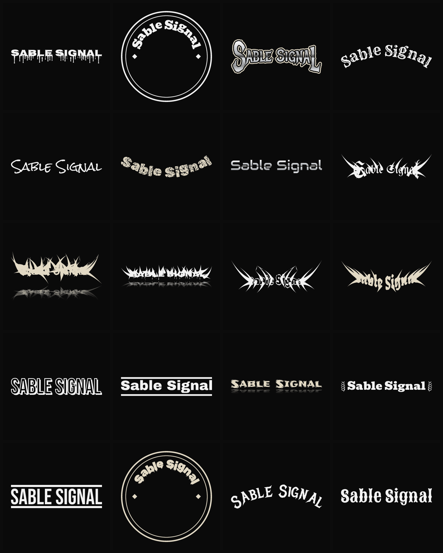 Twenty Sable Signal band logo ideas — different faces, treatments and spike settings