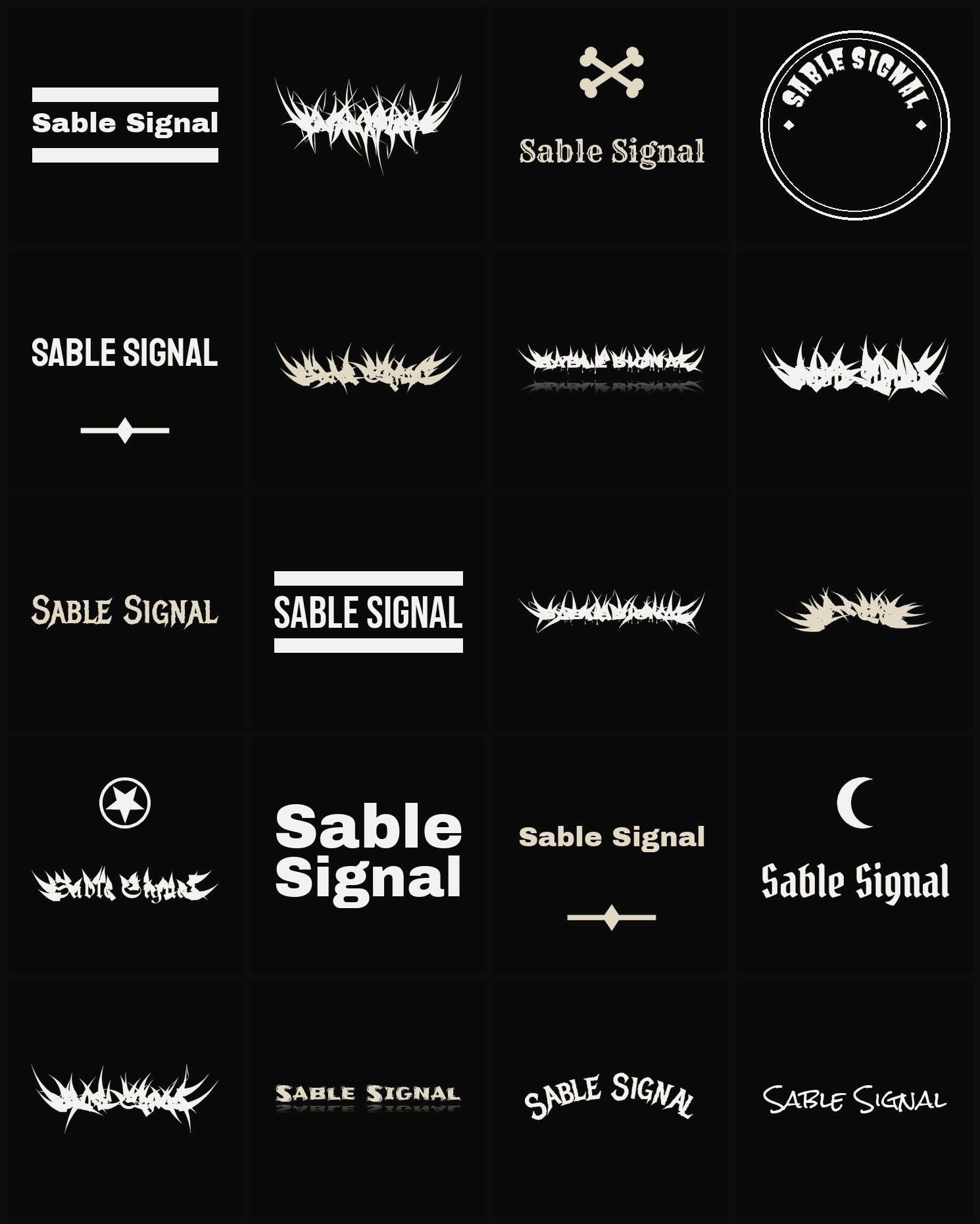 Twenty Sable Signal band logo ideas — different faces, treatments and spike settings