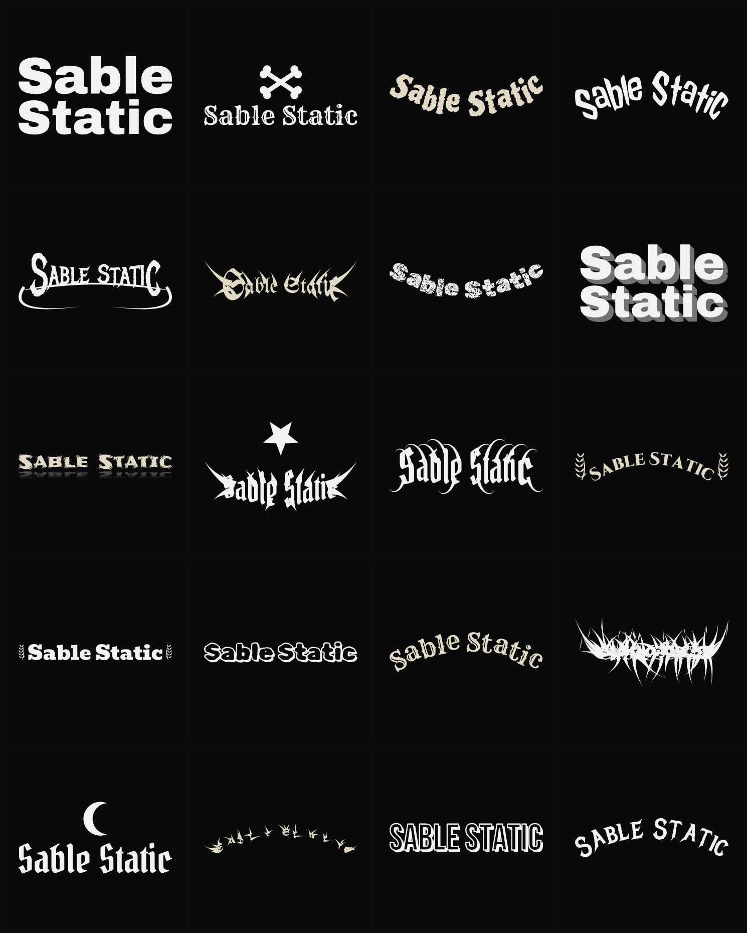 Twenty Sable Static band logo ideas — different faces, treatments and spike settings