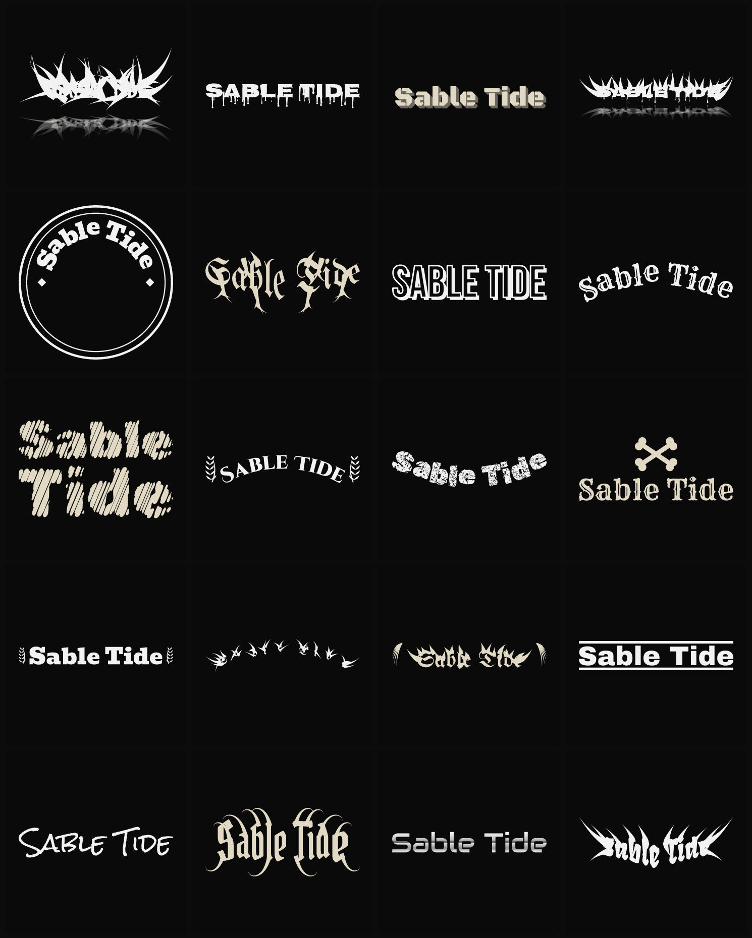 Twenty Sable Tide band logo ideas — different faces, treatments and spike settings
