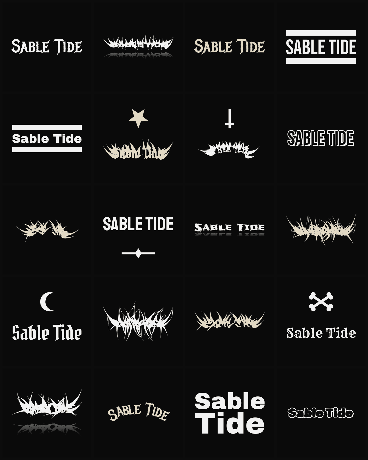 Twenty Sable Tide band logo ideas — different faces, treatments and spike settings