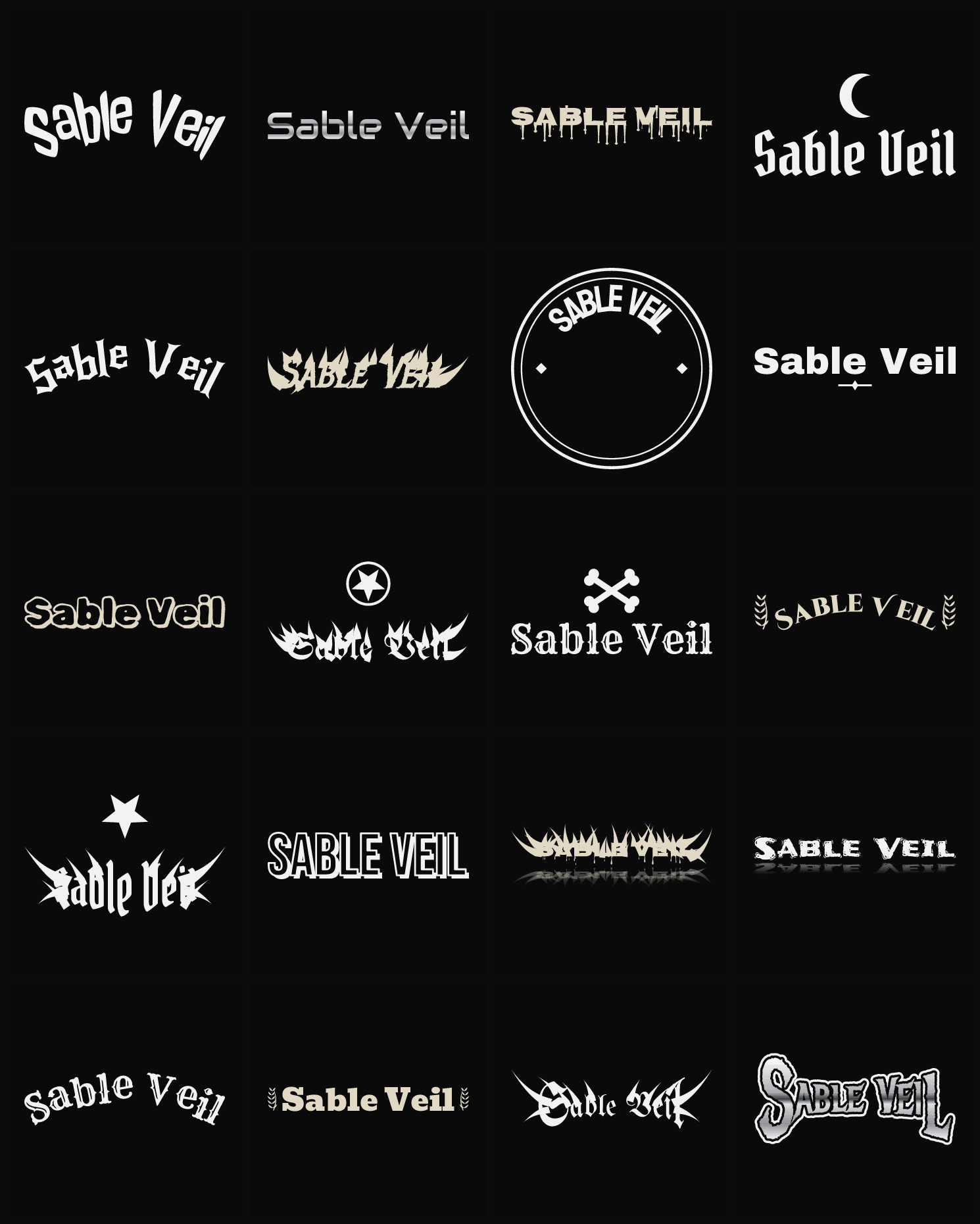 Twenty Sable Veil band logo ideas — different faces, treatments and spike settings