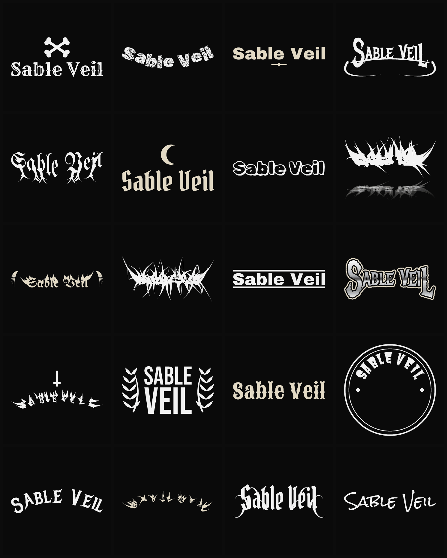 Twenty Sable Veil band logo ideas — different faces, treatments and spike settings
