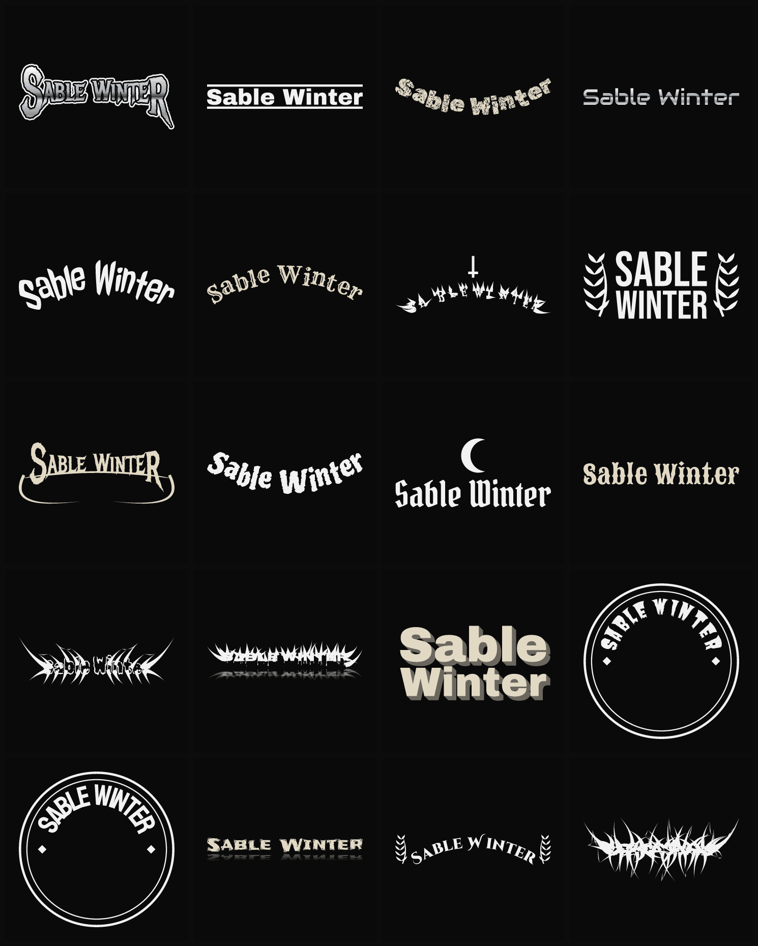 Twenty Sable Winter band logo ideas — different faces, treatments and spike settings