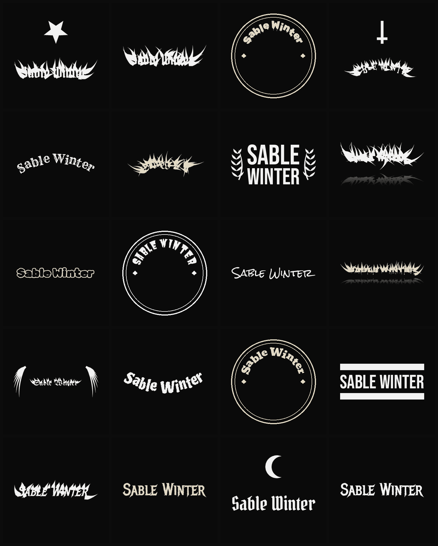 Twenty Sable Winter band logo ideas — different faces, treatments and spike settings