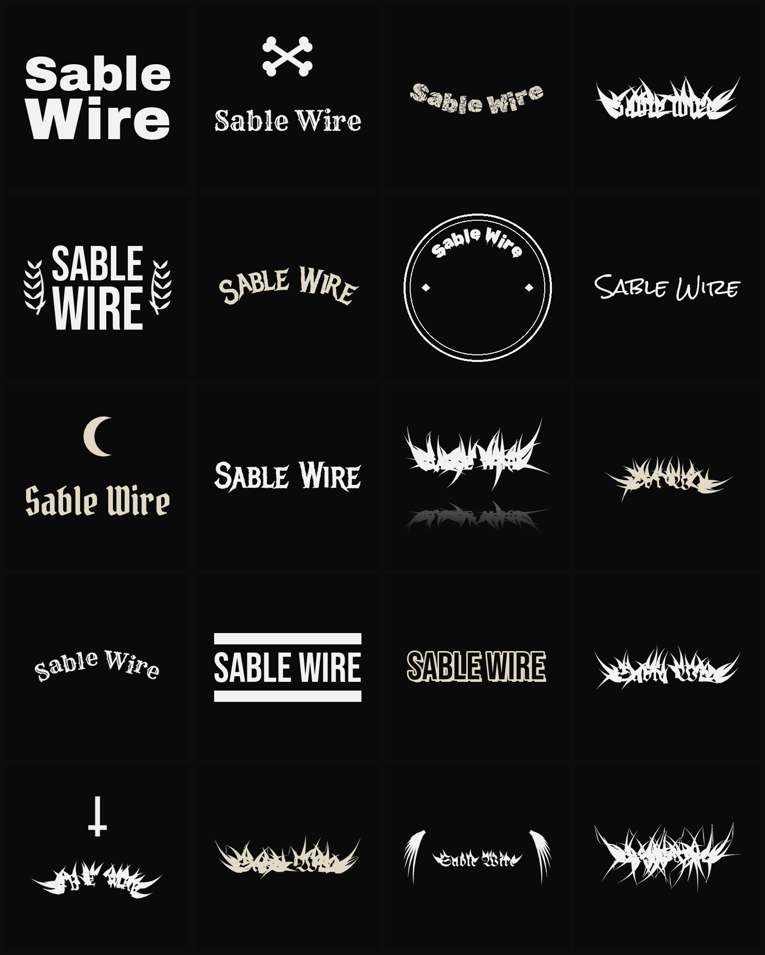 Twenty Sable Wire band logo ideas — different faces, treatments and spike settings