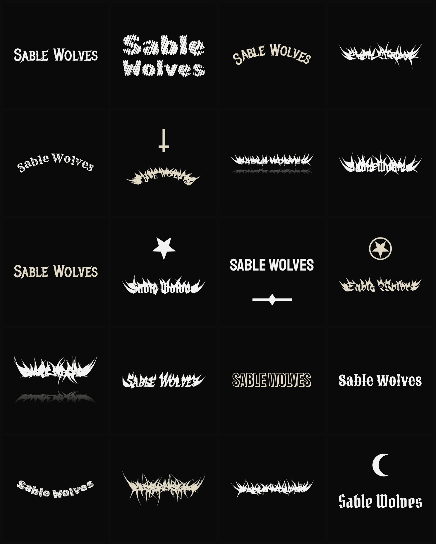 Twenty Sable Wolves band logo ideas — different faces, treatments and spike settings