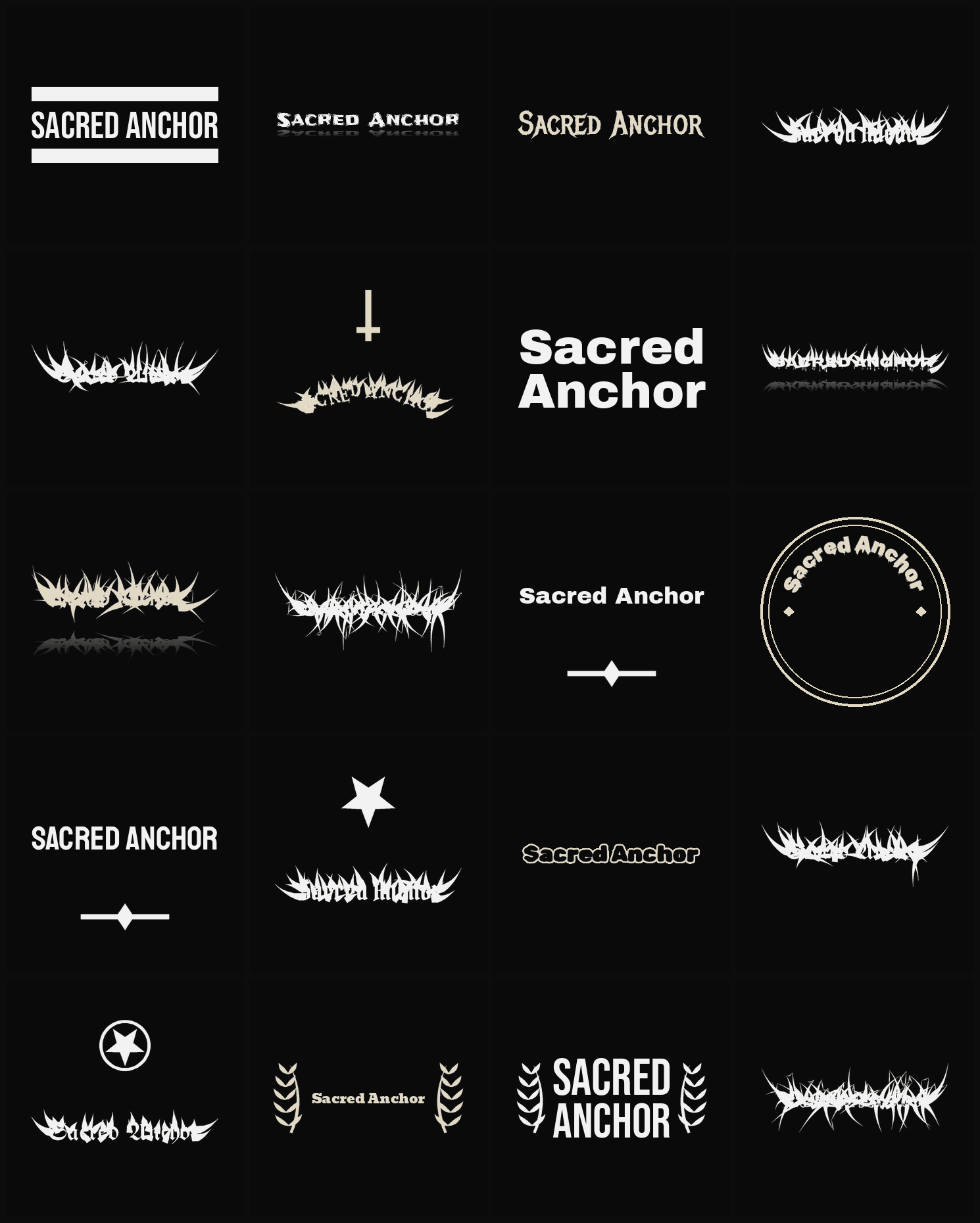 Twenty Sacred Anchor band logo ideas — different faces, treatments and spike settings