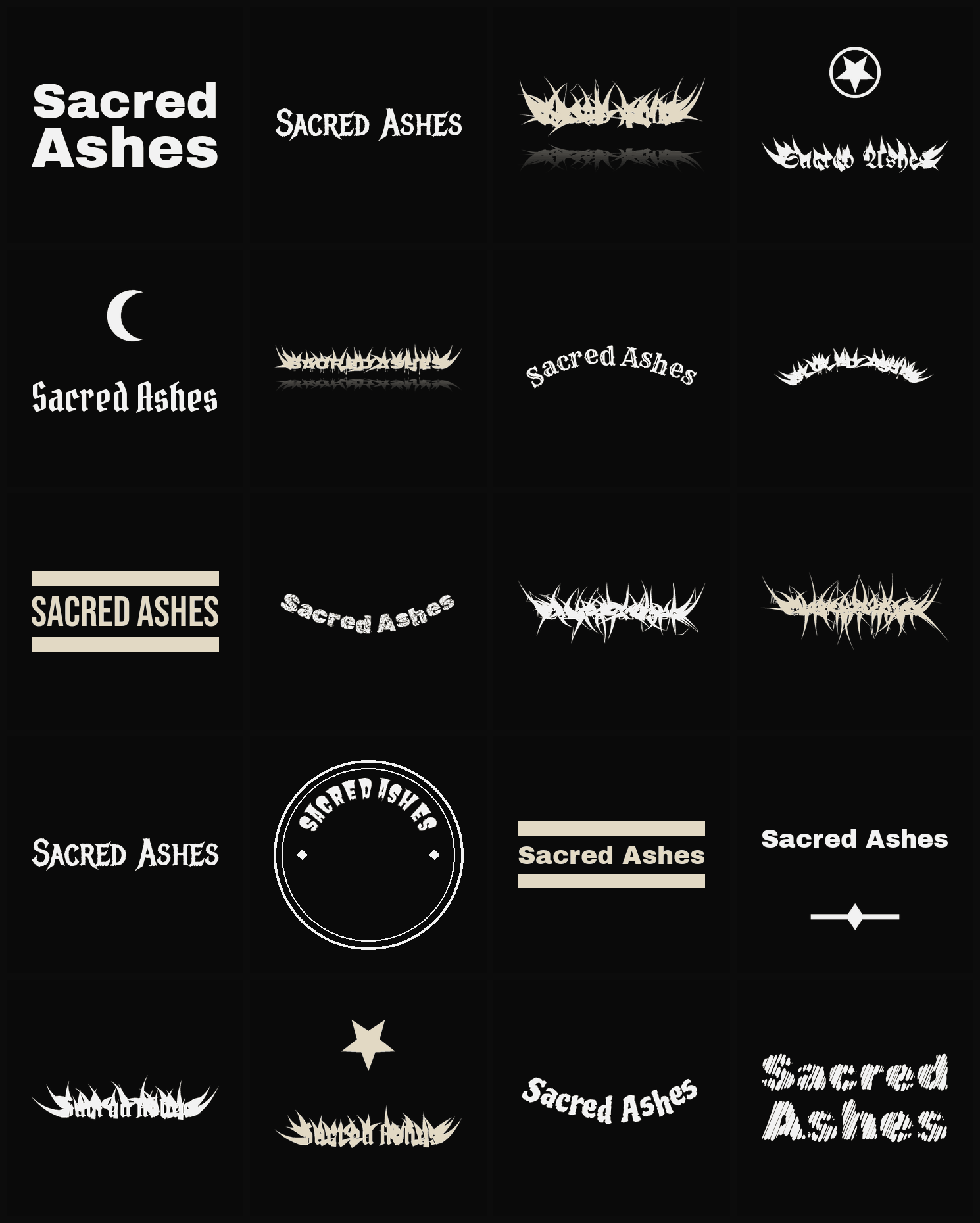 Twenty Sacred Ashes band logo ideas — different faces, treatments and spike settings