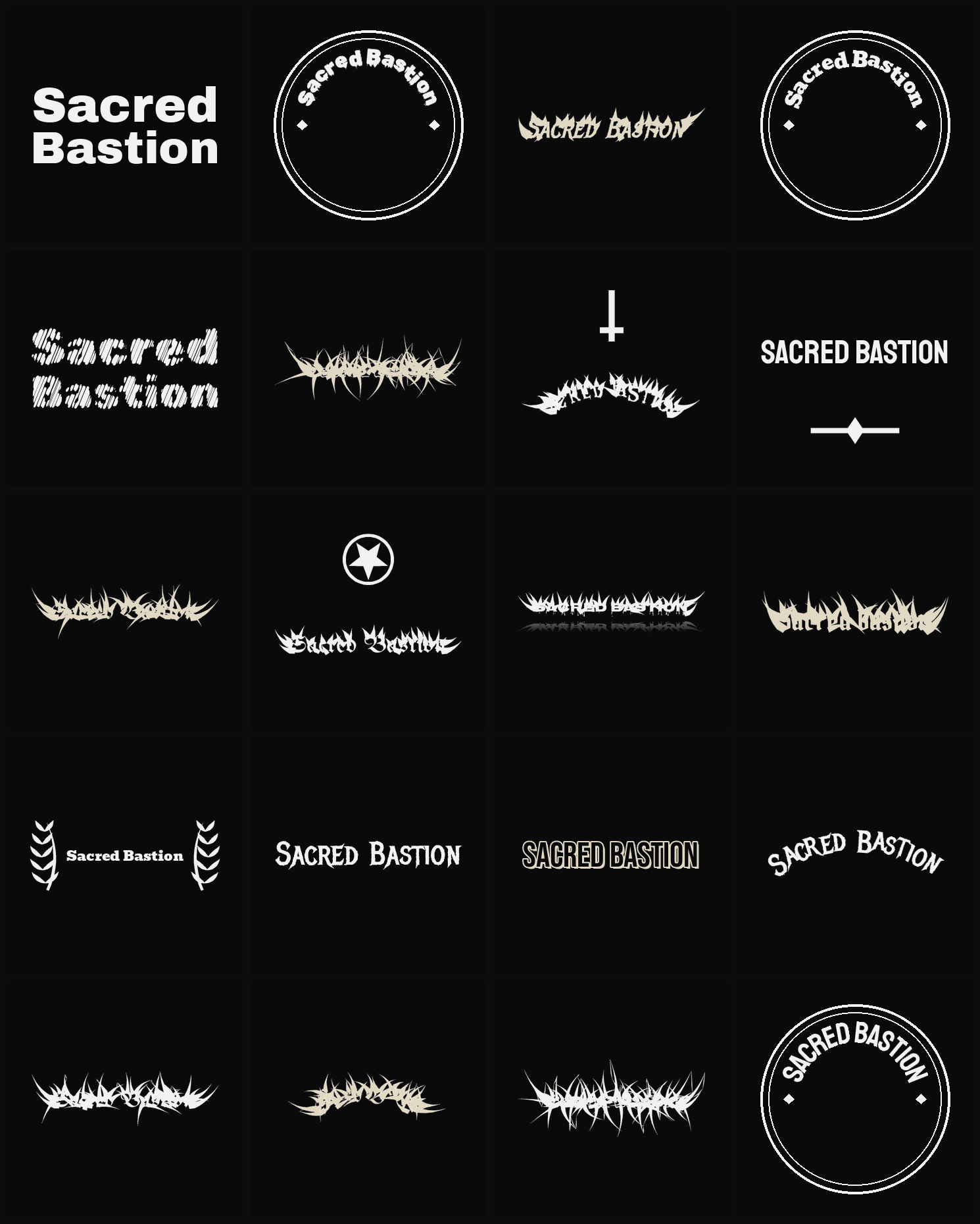 Twenty Sacred Bastion band logo ideas — different faces, treatments and spike settings