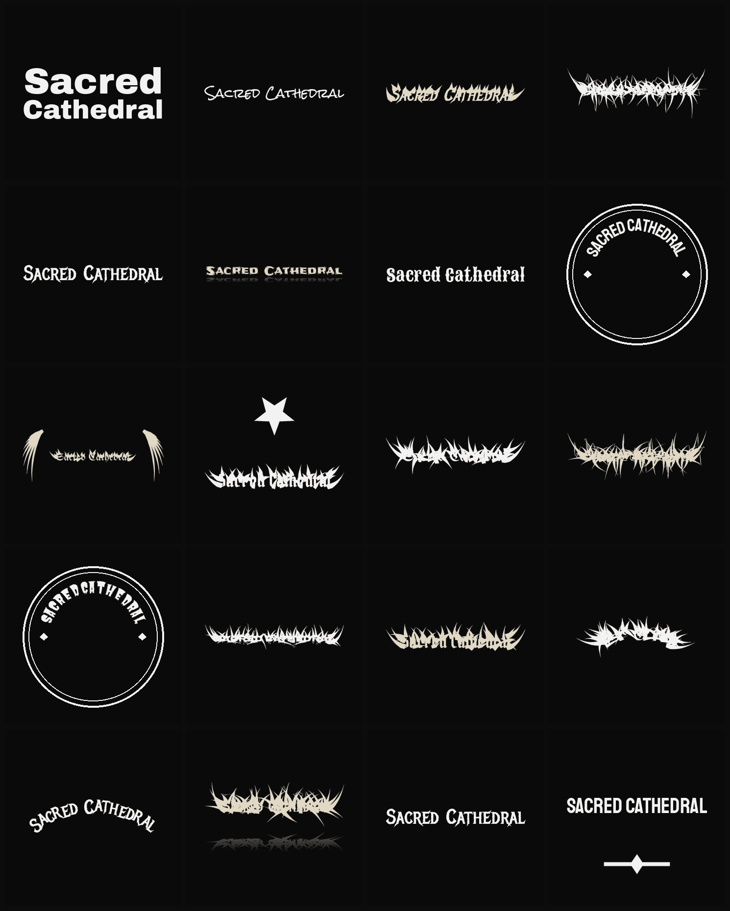 Twenty Sacred Cathedral band logo ideas — different faces, treatments and spike settings