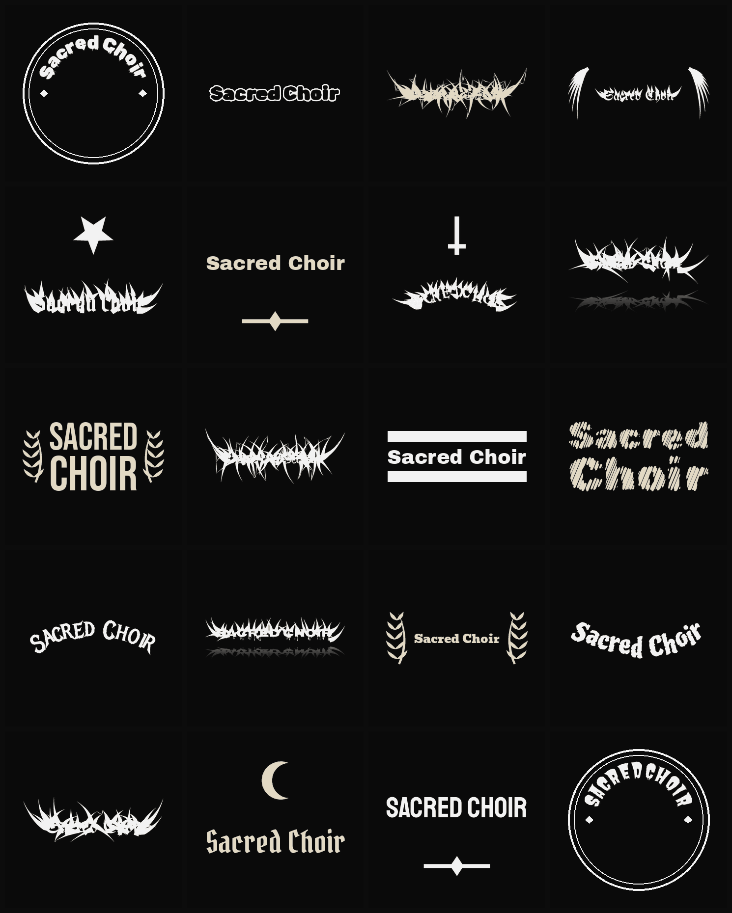 Twenty Sacred Choir band logo ideas — different faces, treatments and spike settings