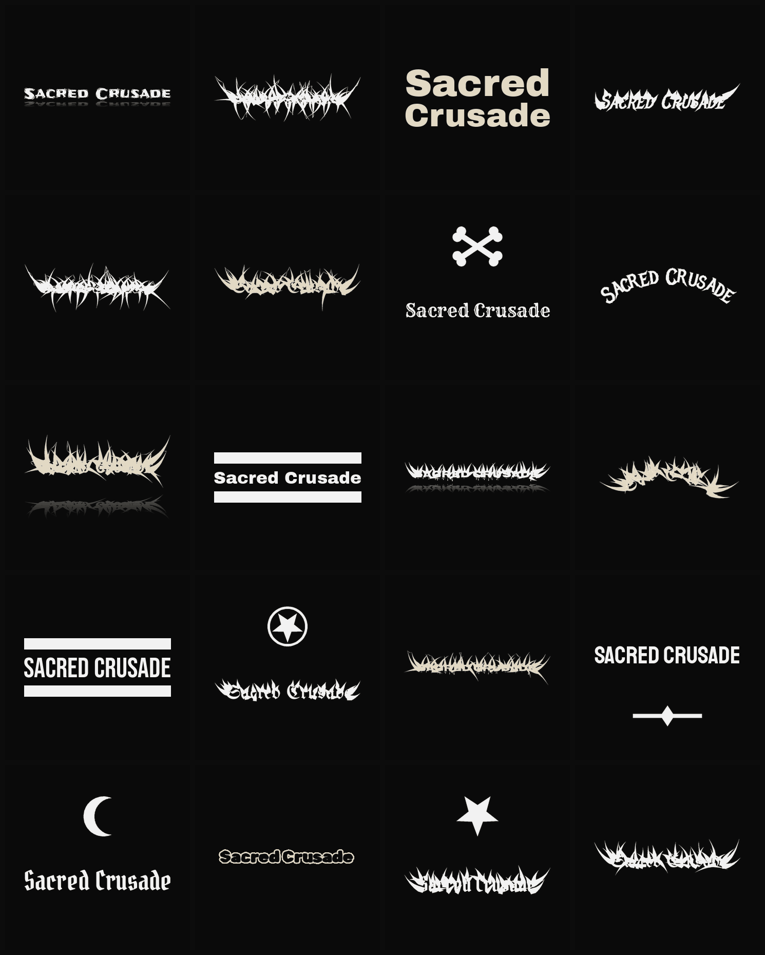 Twenty Sacred Crusade band logo ideas — different faces, treatments and spike settings