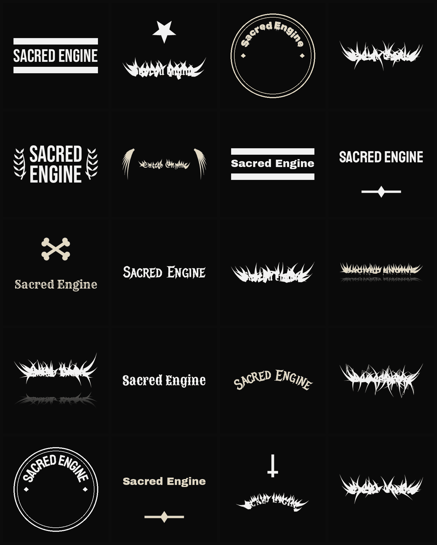 Twenty Sacred Engine band logo ideas — different faces, treatments and spike settings