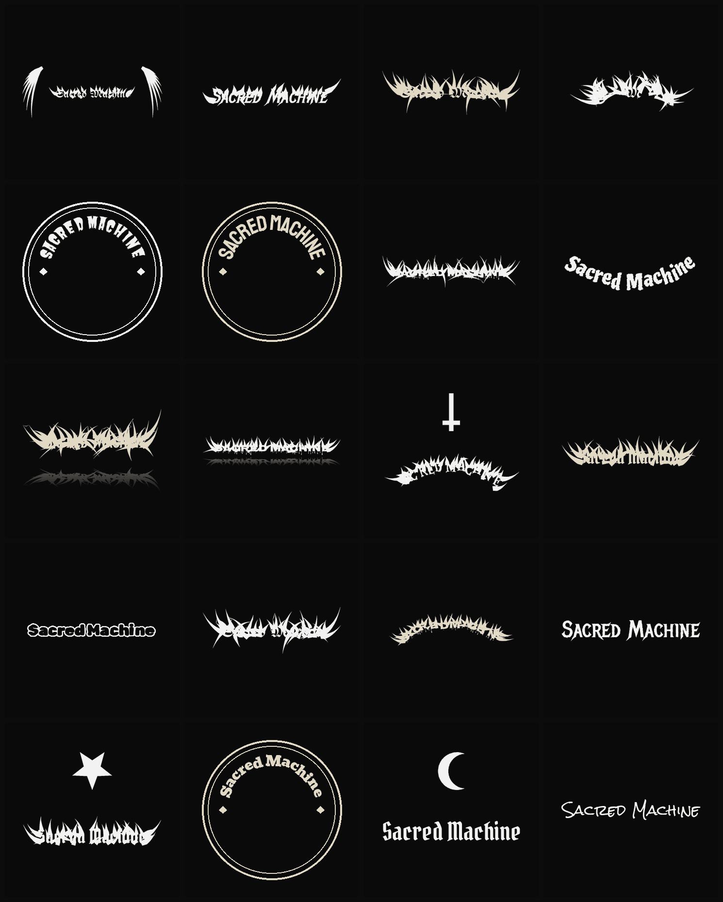 Twenty Sacred Machine band logo ideas — different faces, treatments and spike settings