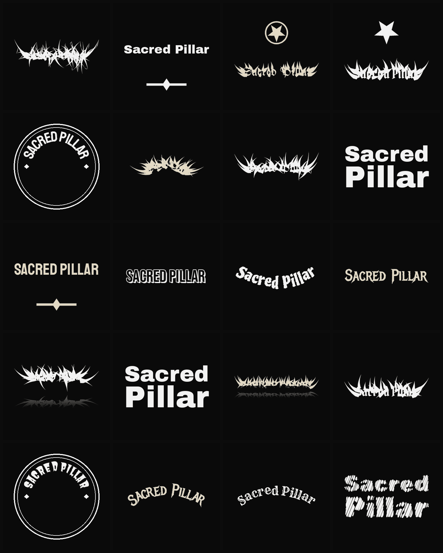 Twenty Sacred Pillar band logo ideas — different faces, treatments and spike settings