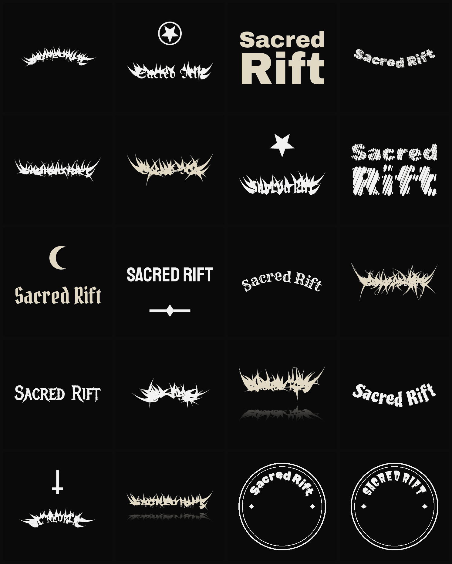 Twenty Sacred Rift band logo ideas — different faces, treatments and spike settings