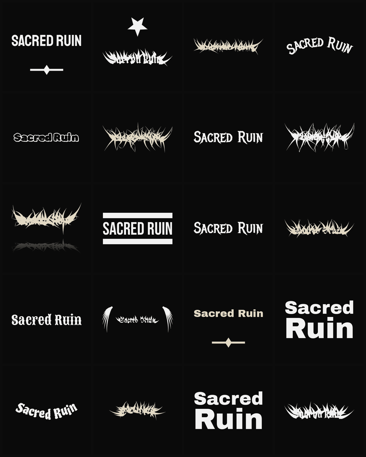 Twenty Sacred Ruin band logo ideas — different faces, treatments and spike settings