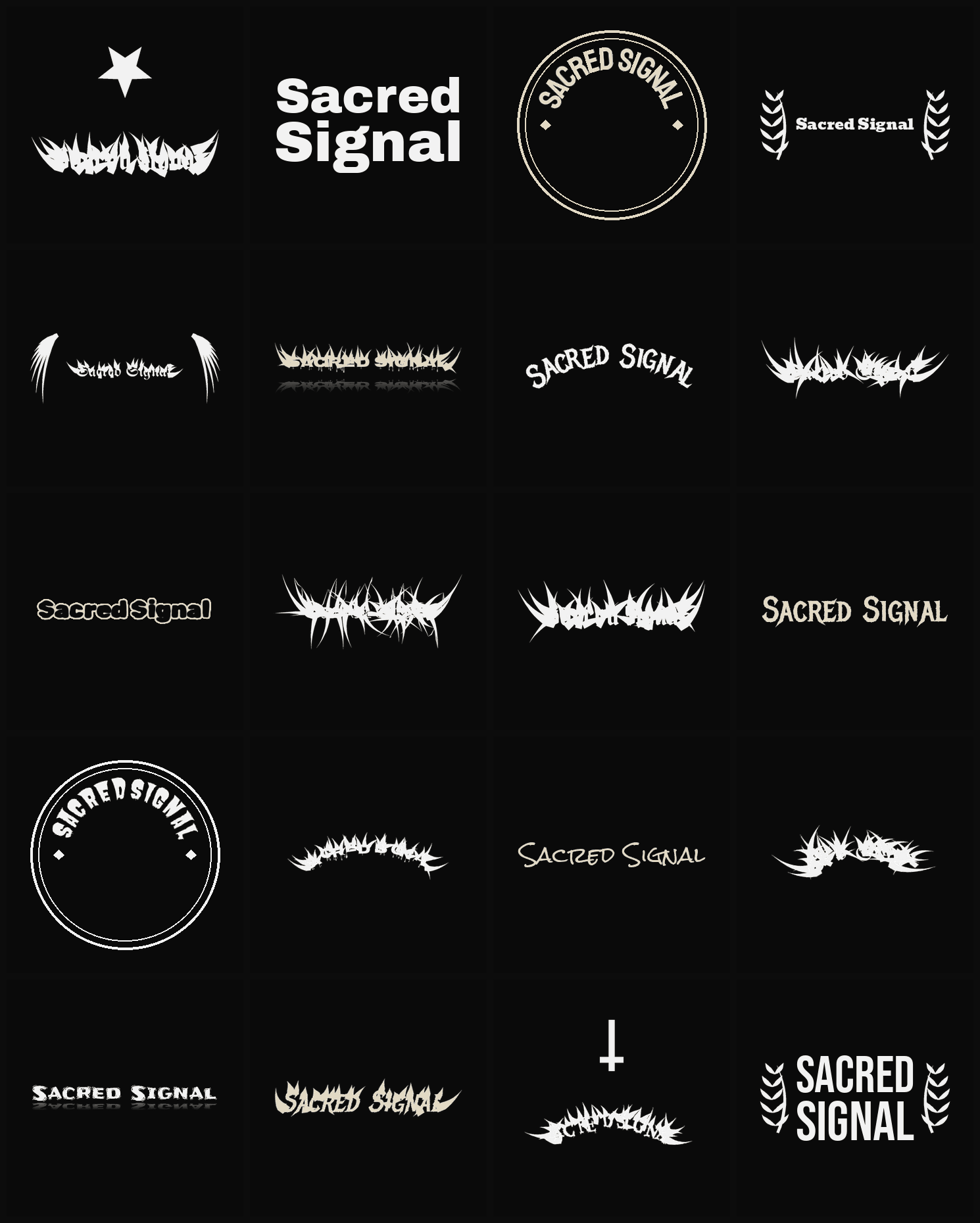 Twenty Sacred Signal band logo ideas — different faces, treatments and spike settings