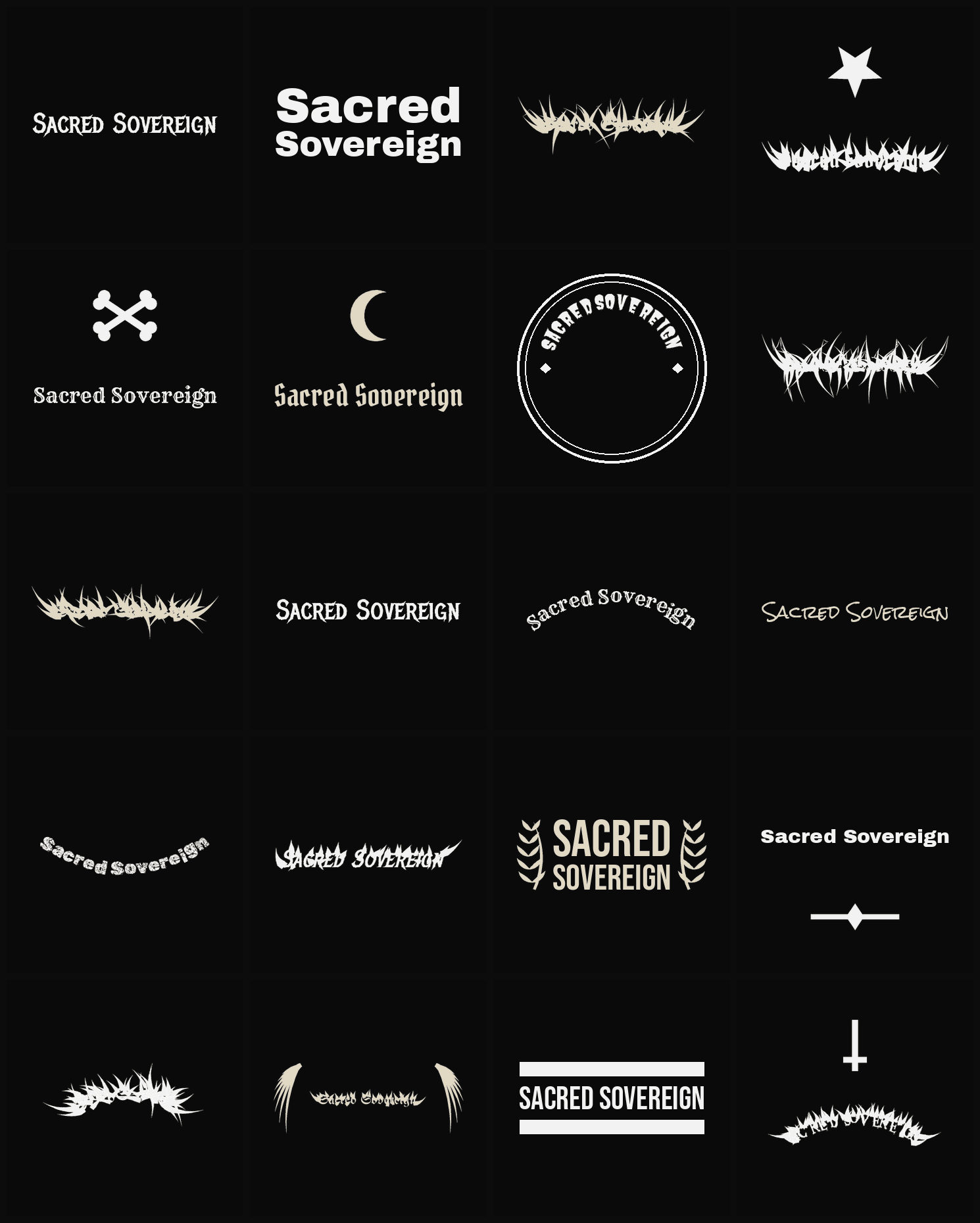 Twenty Sacred Sovereign band logo ideas — different faces, treatments and spike settings