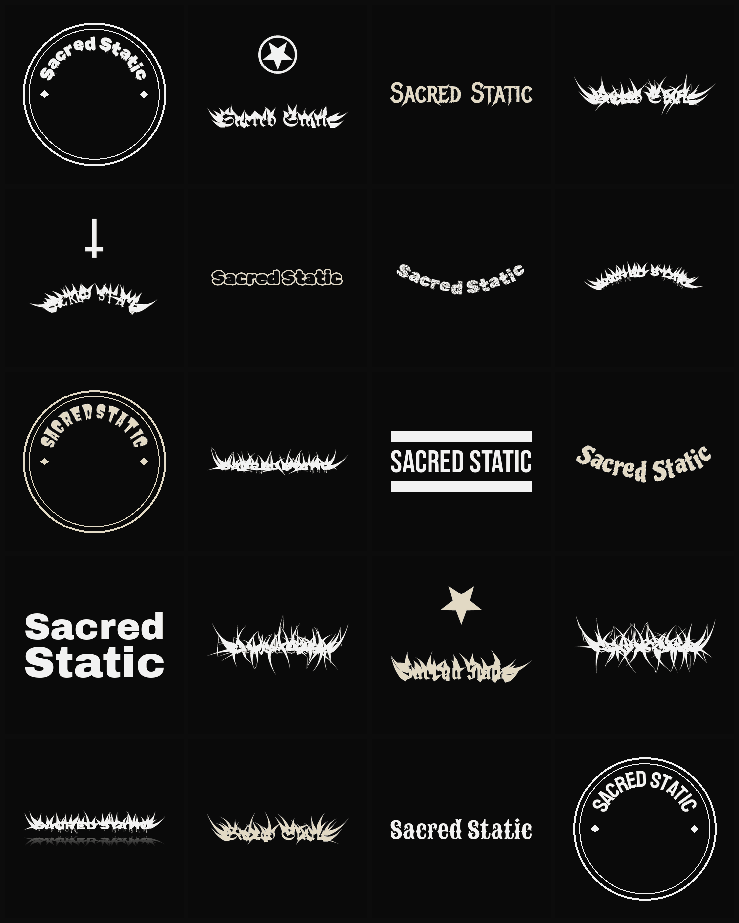 Twenty Sacred Static band logo ideas — different faces, treatments and spike settings