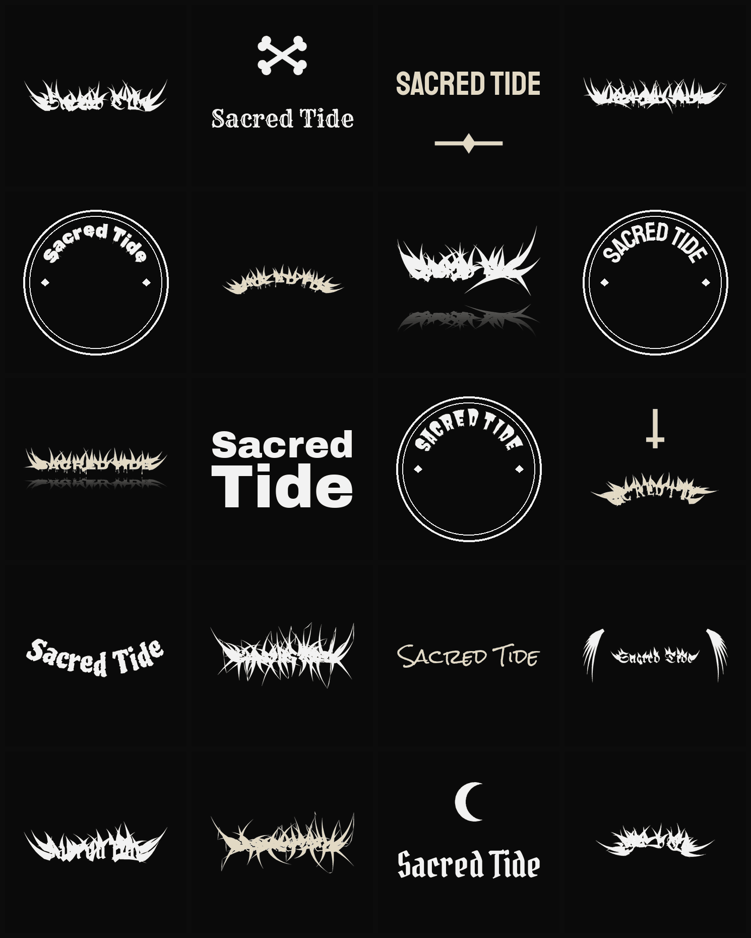 Twenty Sacred Tide band logo ideas — different faces, treatments and spike settings