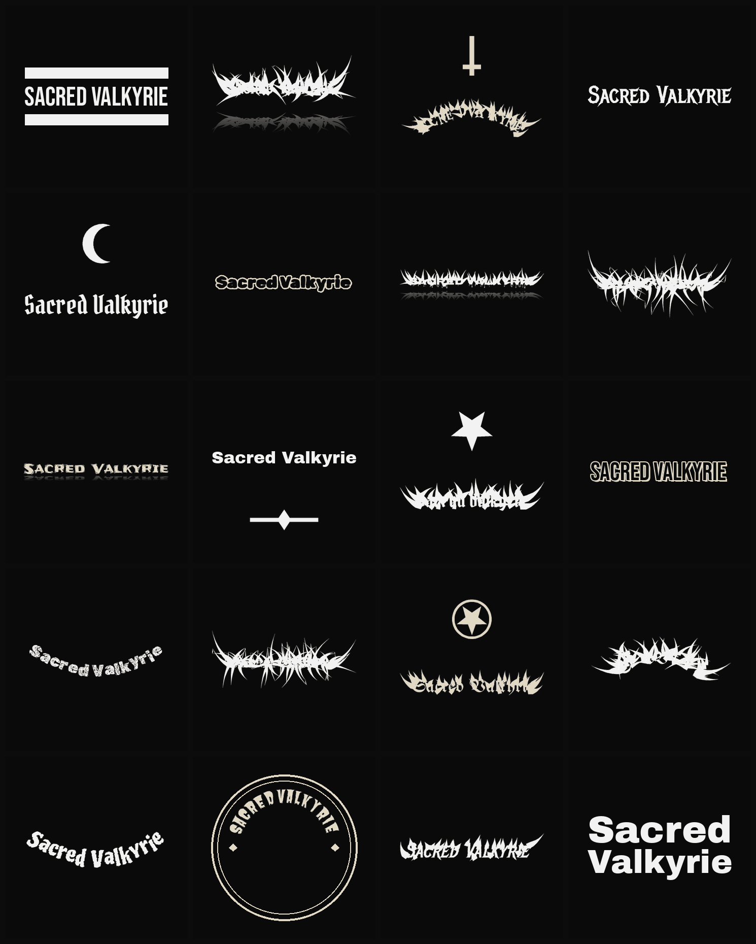 Twenty Sacred Valkyrie band logo ideas — different faces, treatments and spike settings