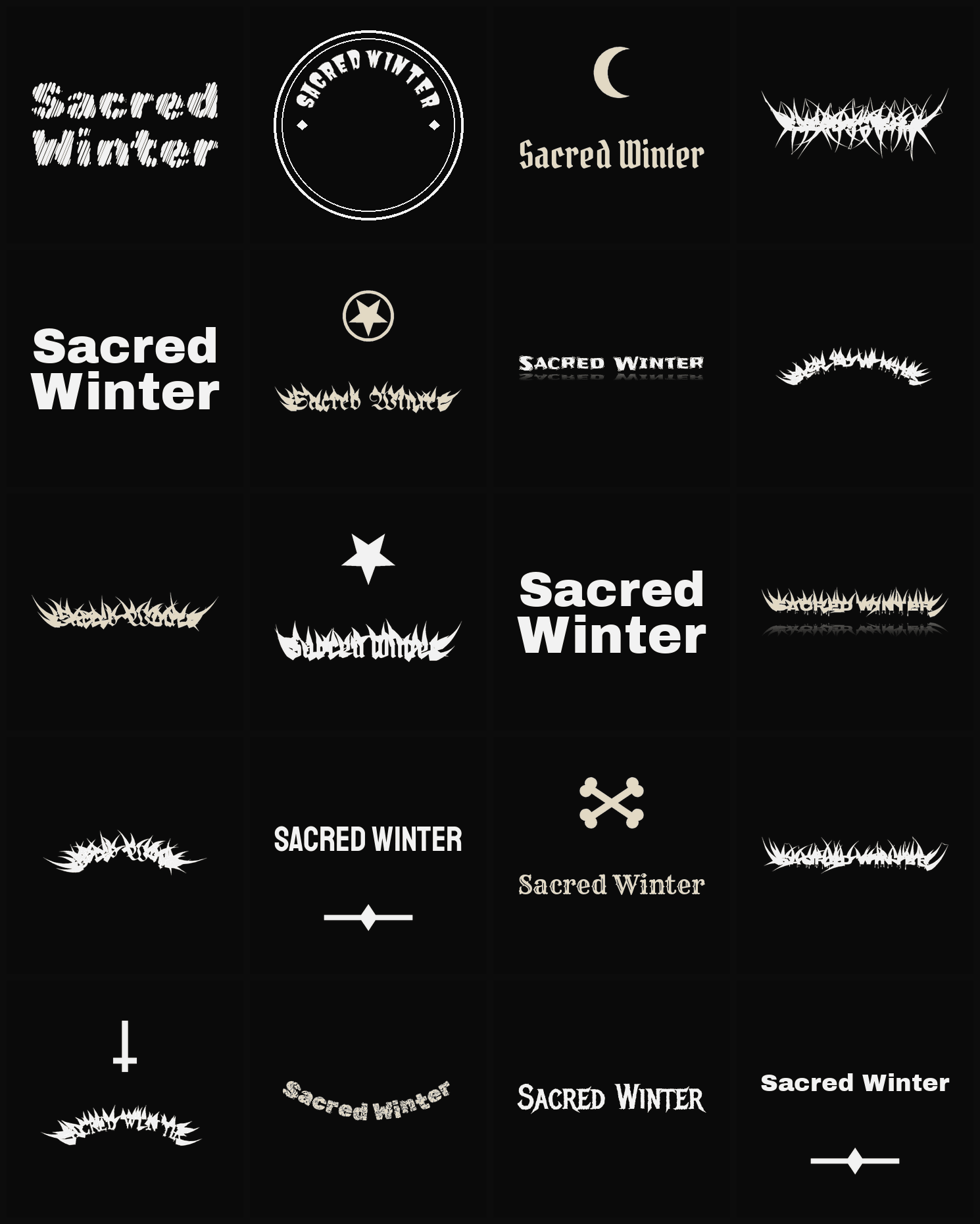 Twenty Sacred Winter band logo ideas — different faces, treatments and spike settings