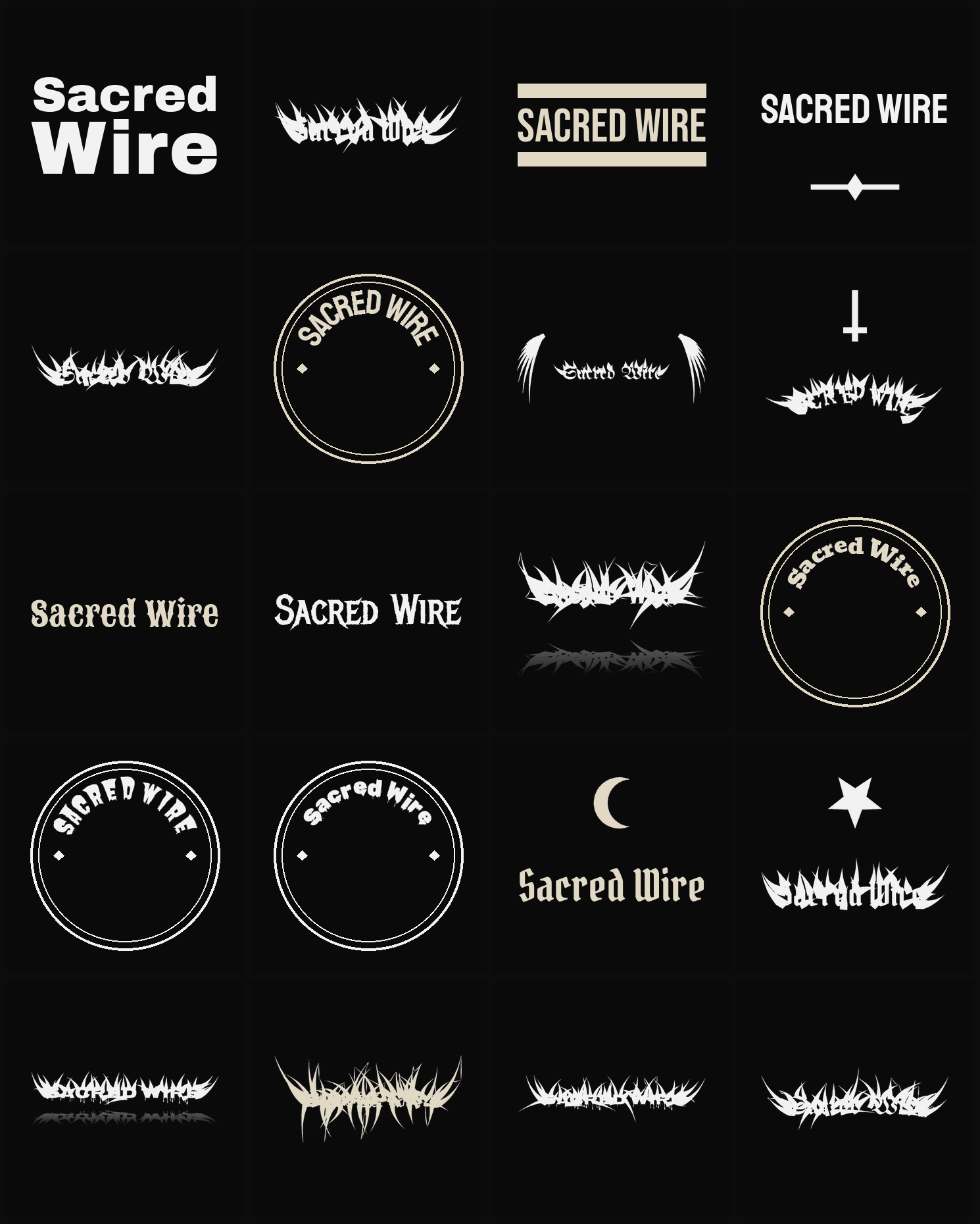 Twenty Sacred Wire band logo ideas — different faces, treatments and spike settings