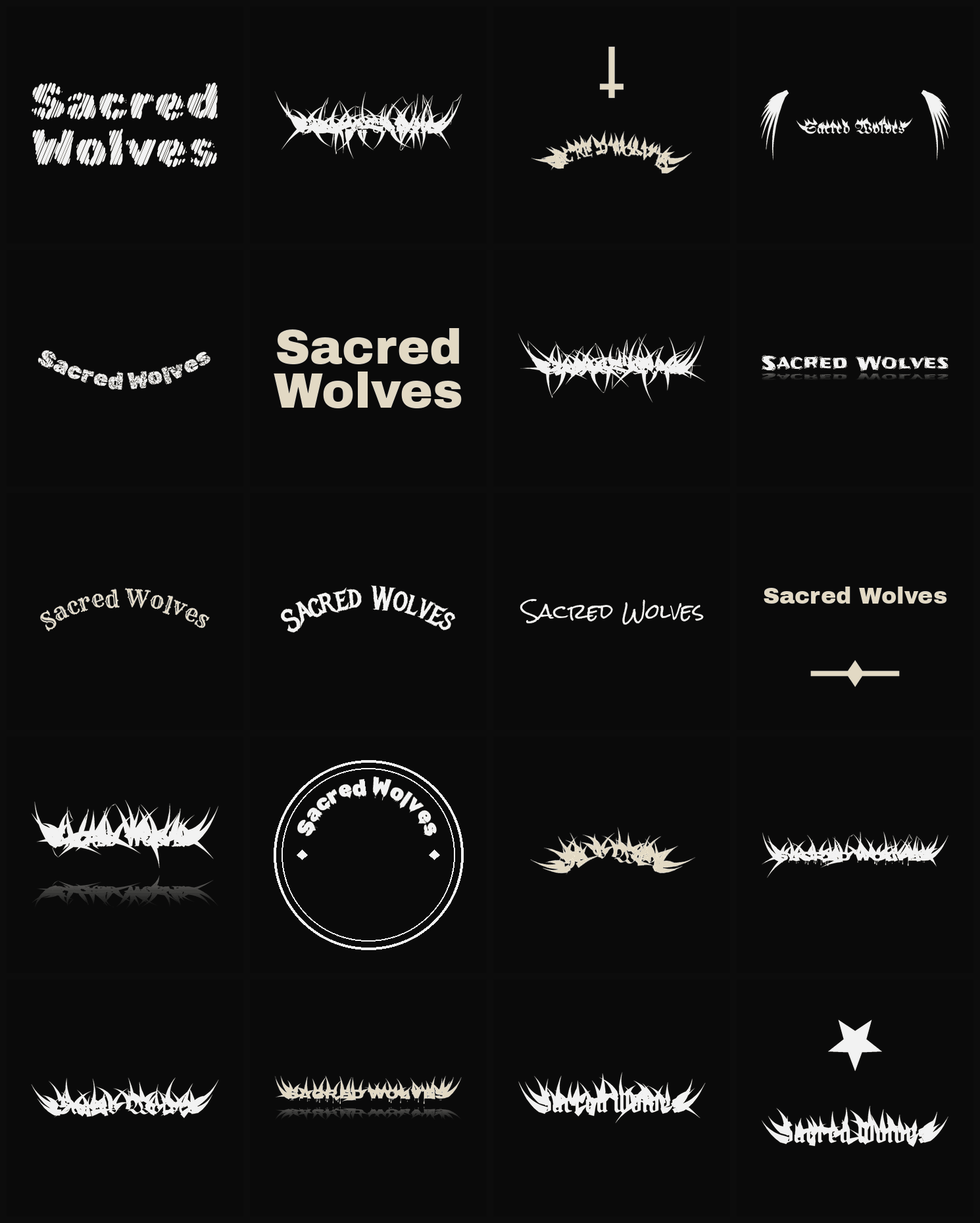 Twenty Sacred Wolves band logo ideas — different faces, treatments and spike settings