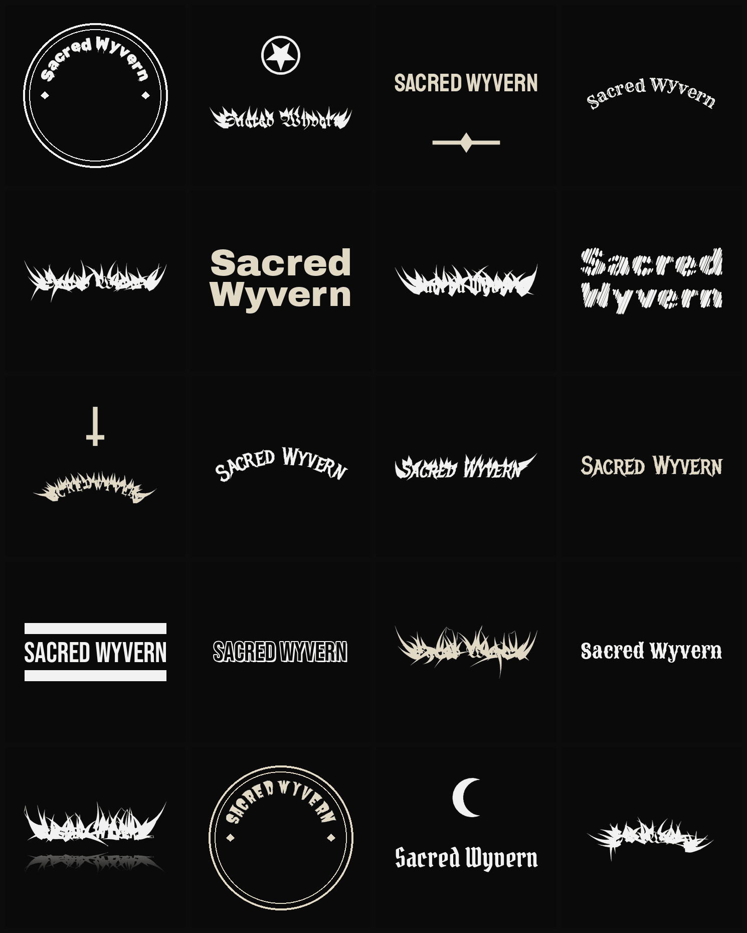 Twenty Sacred Wyvern band logo ideas — different faces, treatments and spike settings