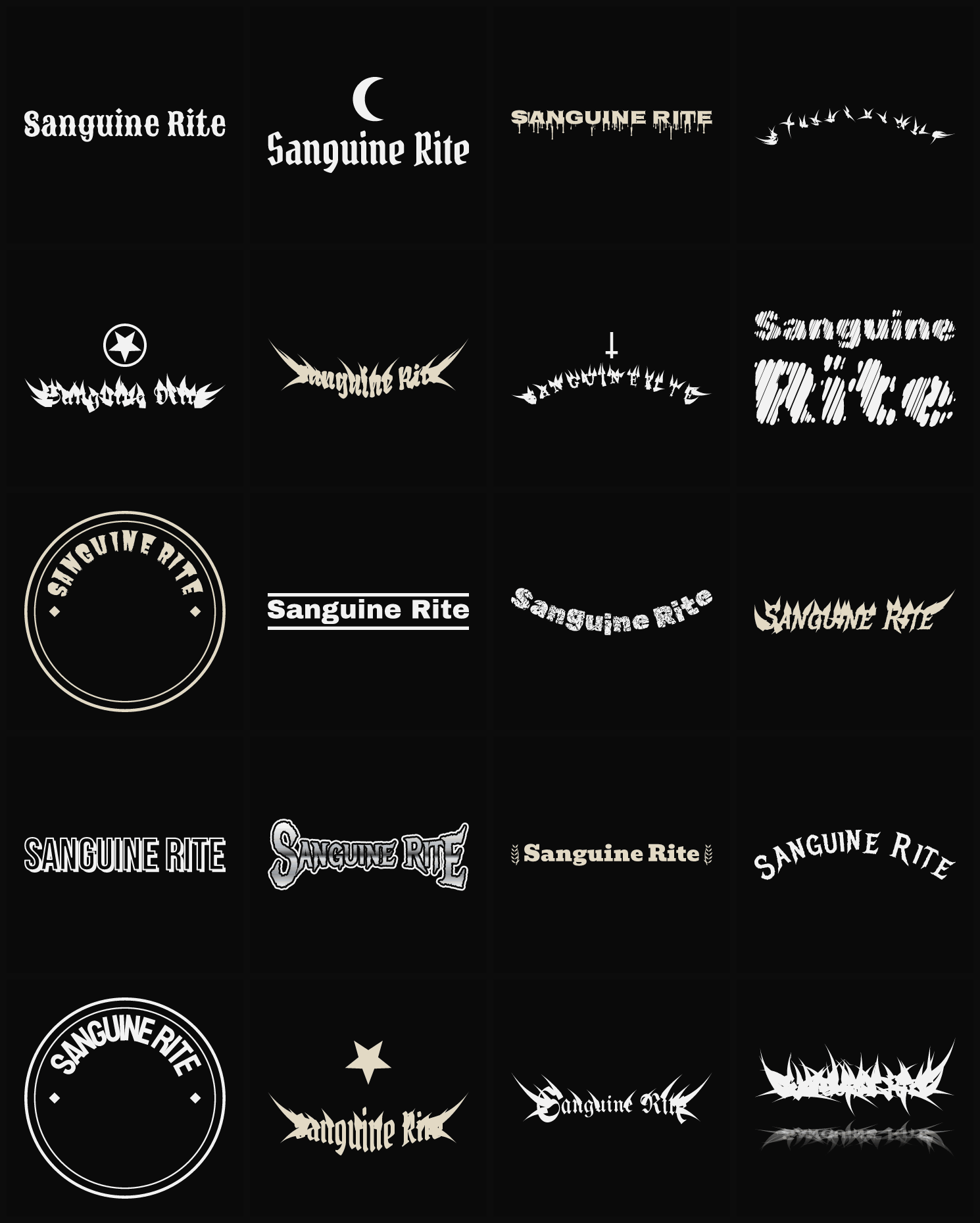 Twenty Sanguine Rite band logo ideas — different faces, treatments and spike settings