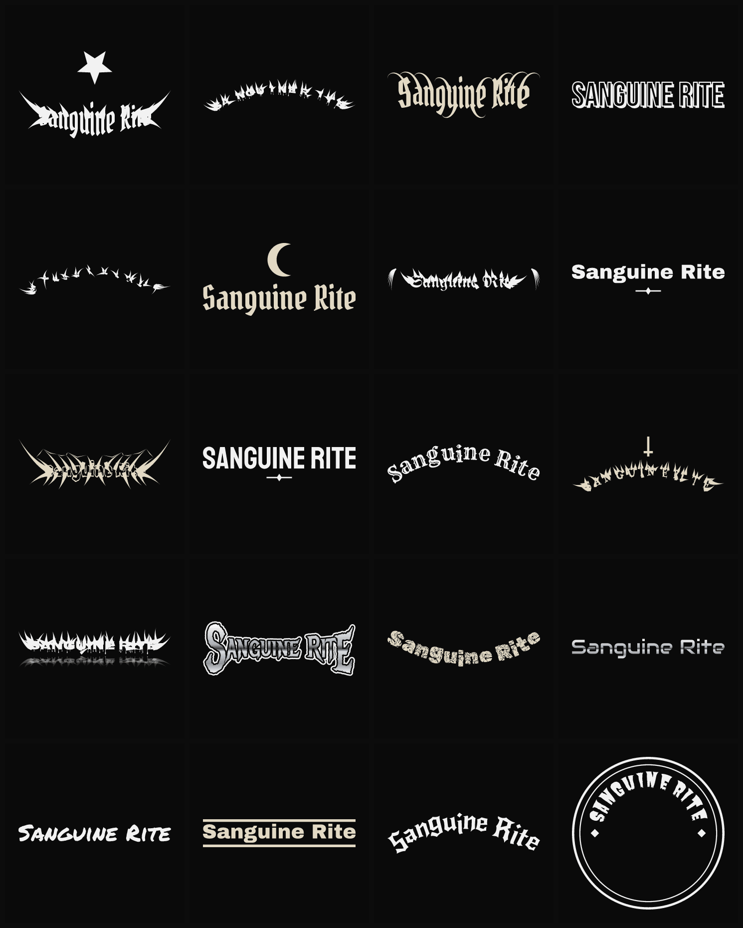 Twenty Sanguine Rite band logo ideas — different faces, treatments and spike settings