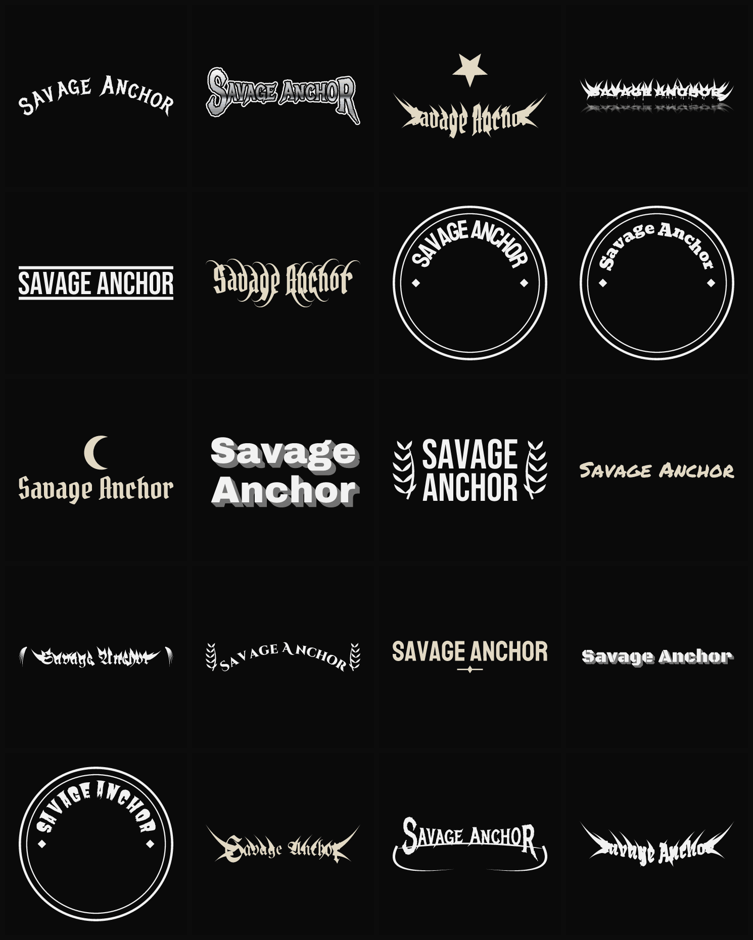 Twenty Savage Anchor band logo ideas — different faces, treatments and spike settings