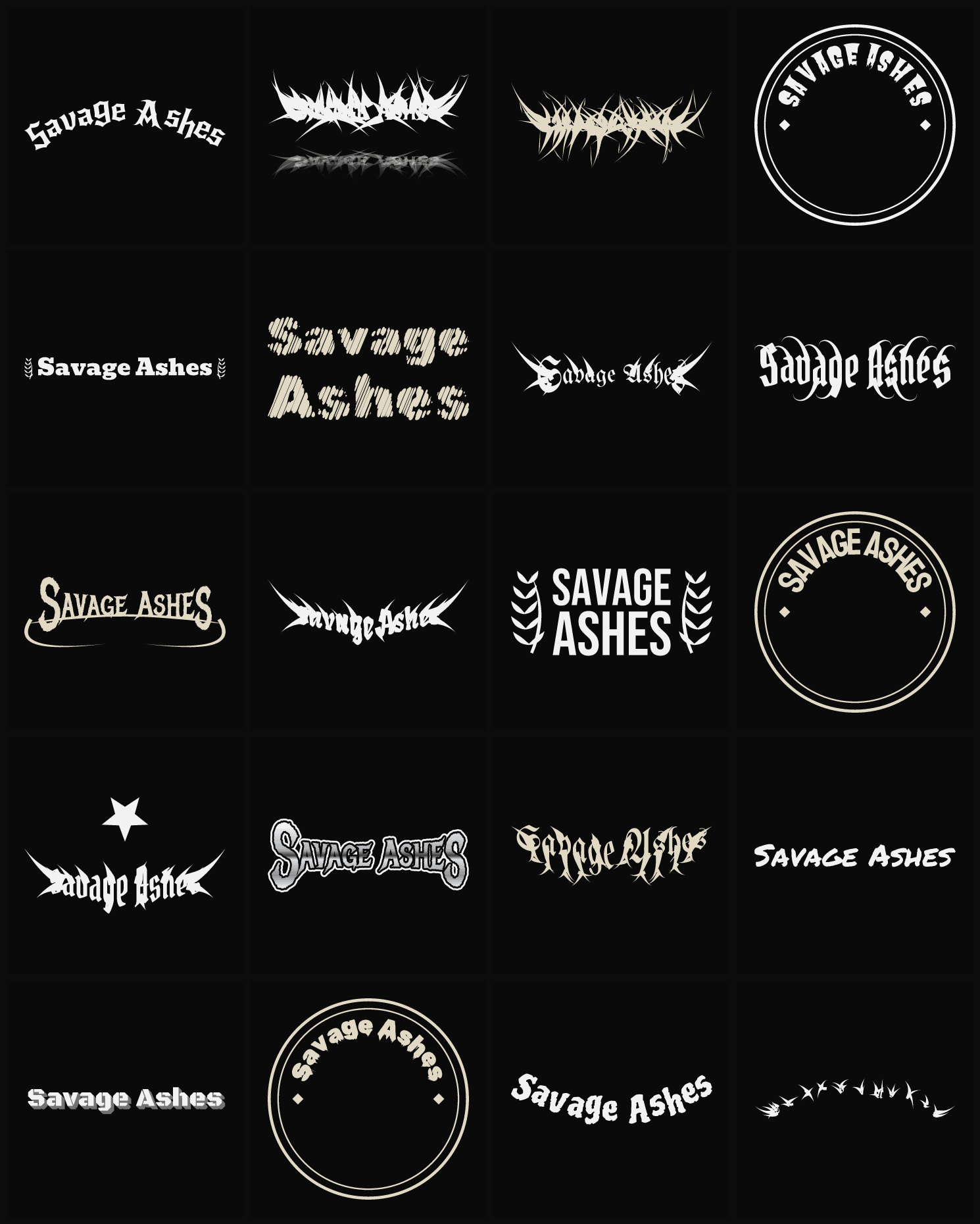 Twenty Savage Ashes band logo ideas — different faces, treatments and spike settings