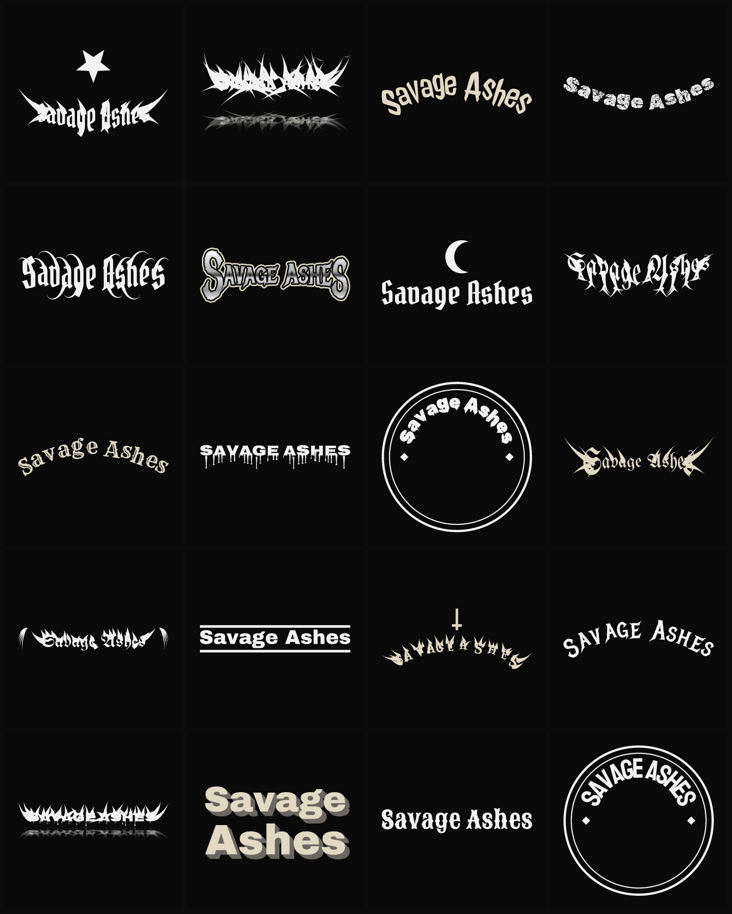 Twenty Savage Ashes band logo ideas — different faces, treatments and spike settings