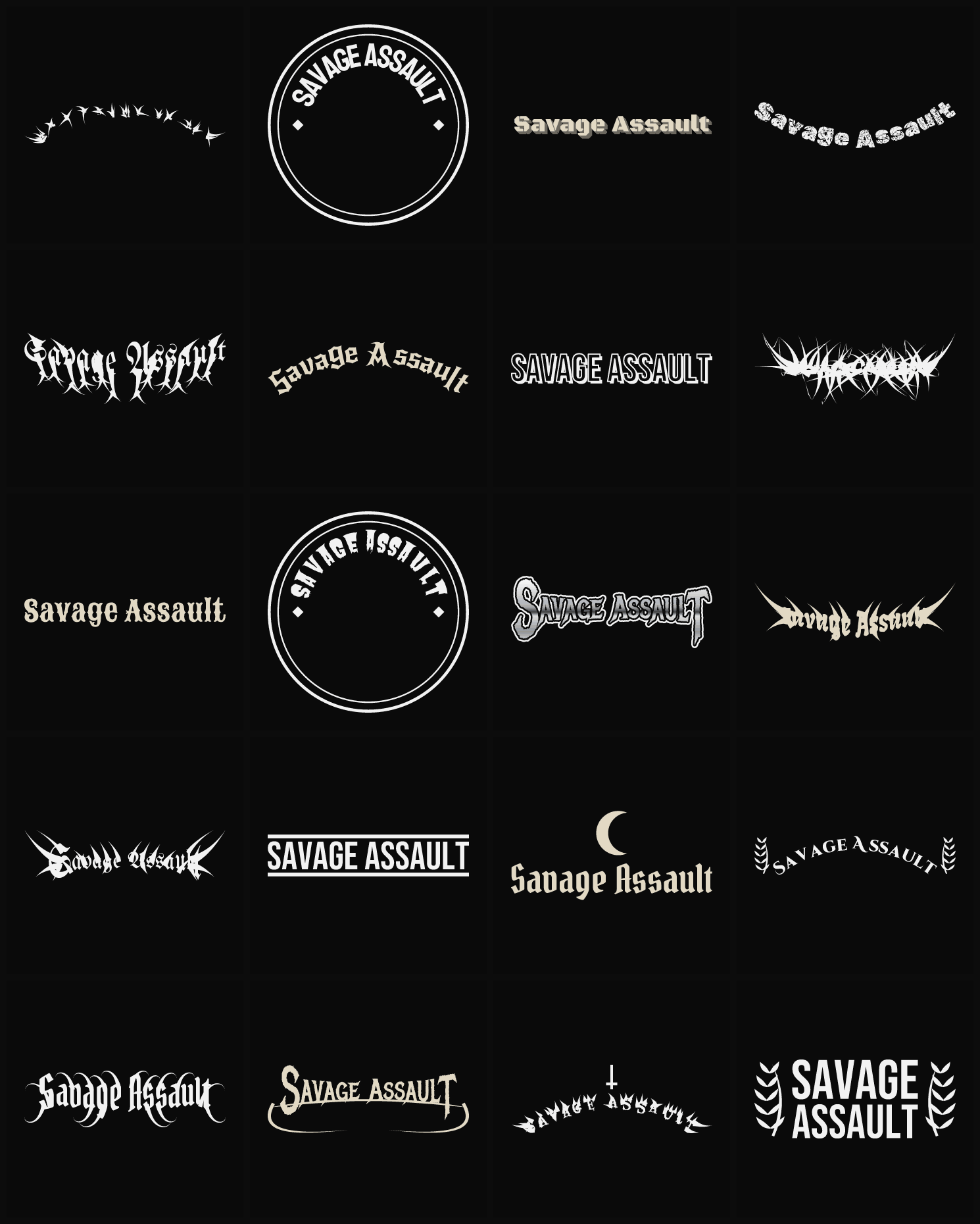 Twenty Savage Assault band logo ideas — different faces, treatments and spike settings