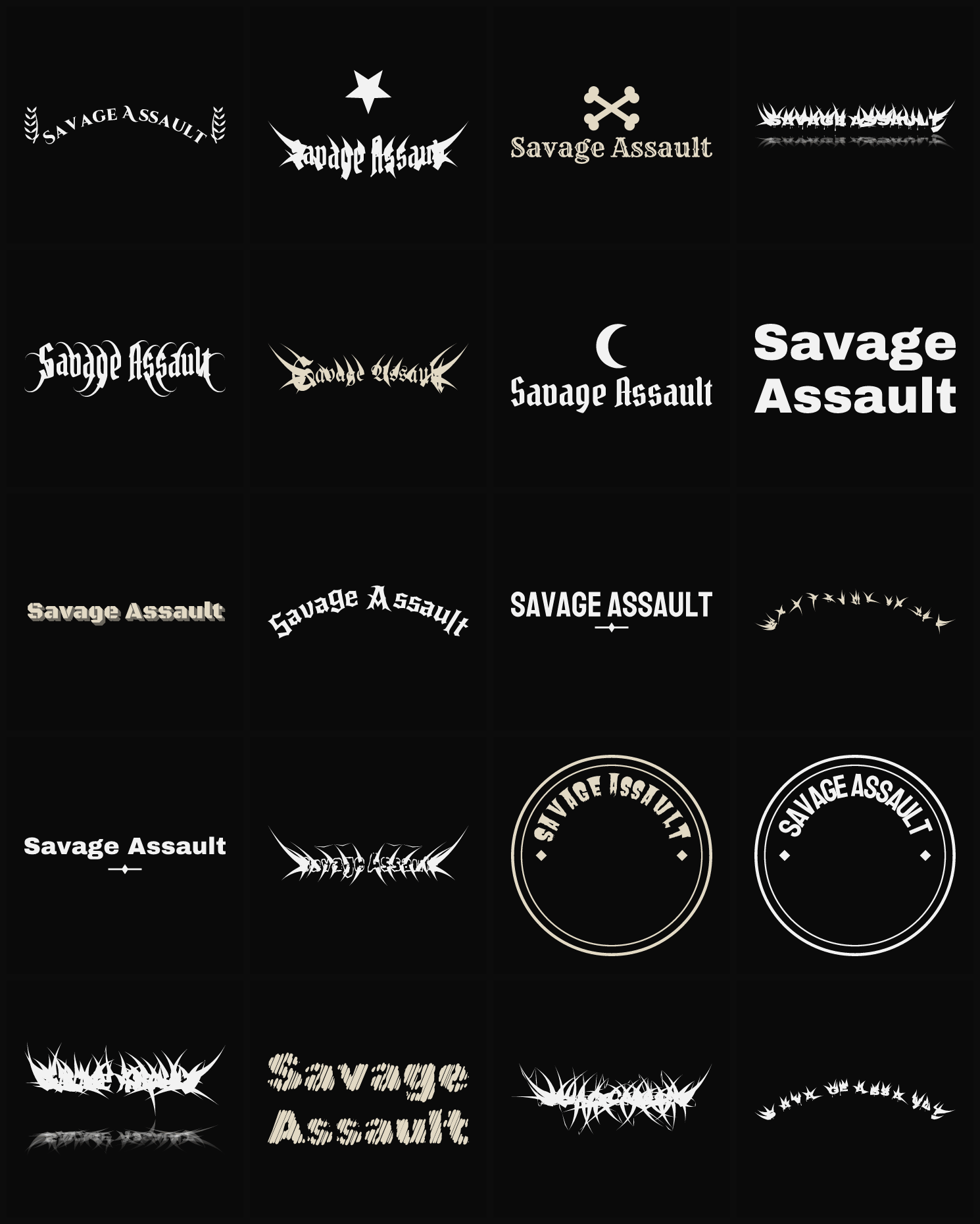 Twenty Savage Assault band logo ideas — different faces, treatments and spike settings