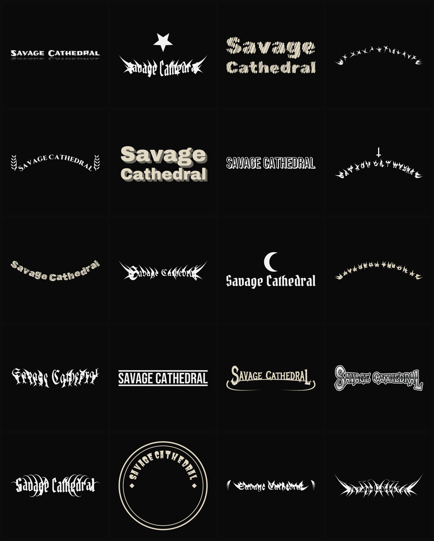 Twenty Savage Cathedral band logo ideas — different faces, treatments and spike settings