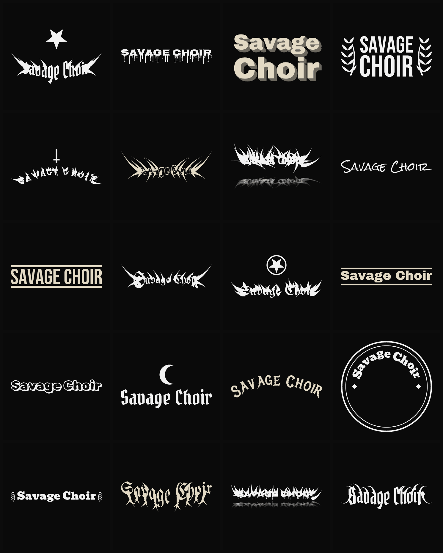 Twenty Savage Choir band logo ideas — different faces, treatments and spike settings
