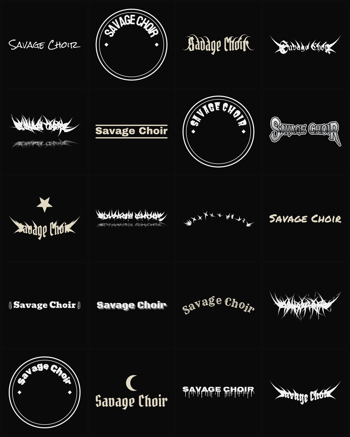 Twenty Savage Choir band logo ideas — different faces, treatments and spike settings
