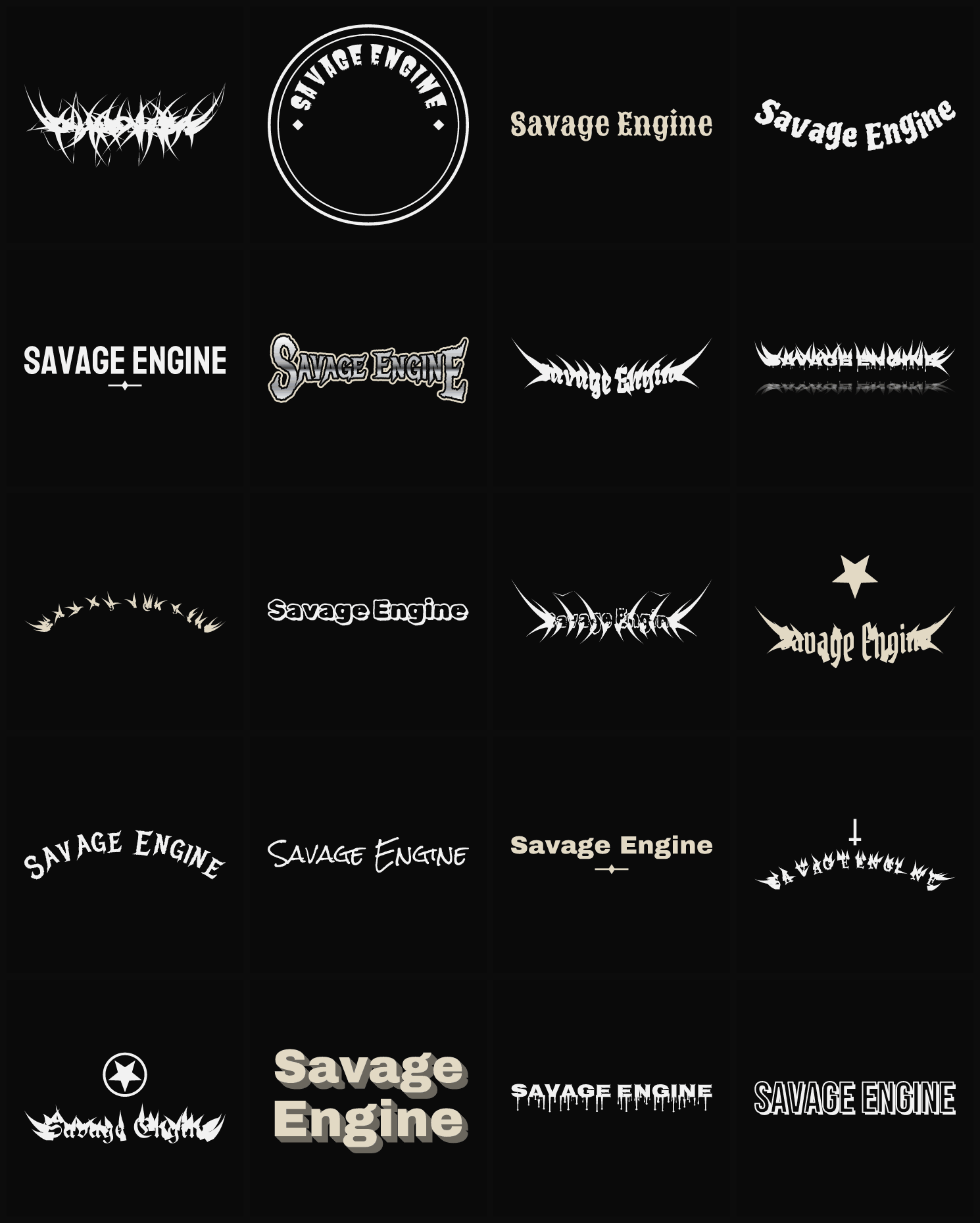 Twenty Savage Engine band logo ideas — different faces, treatments and spike settings