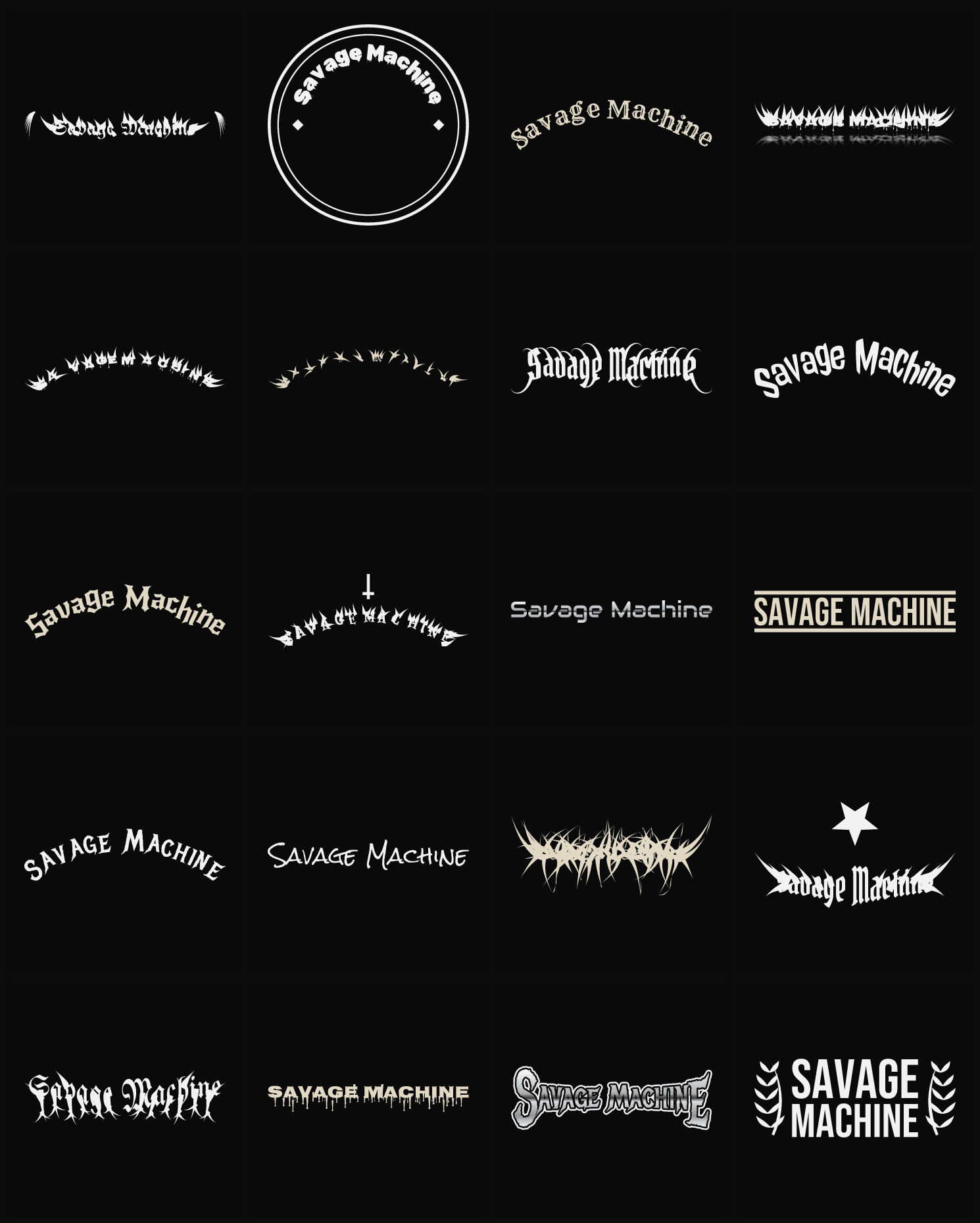 Twenty Savage Machine band logo ideas — different faces, treatments and spike settings